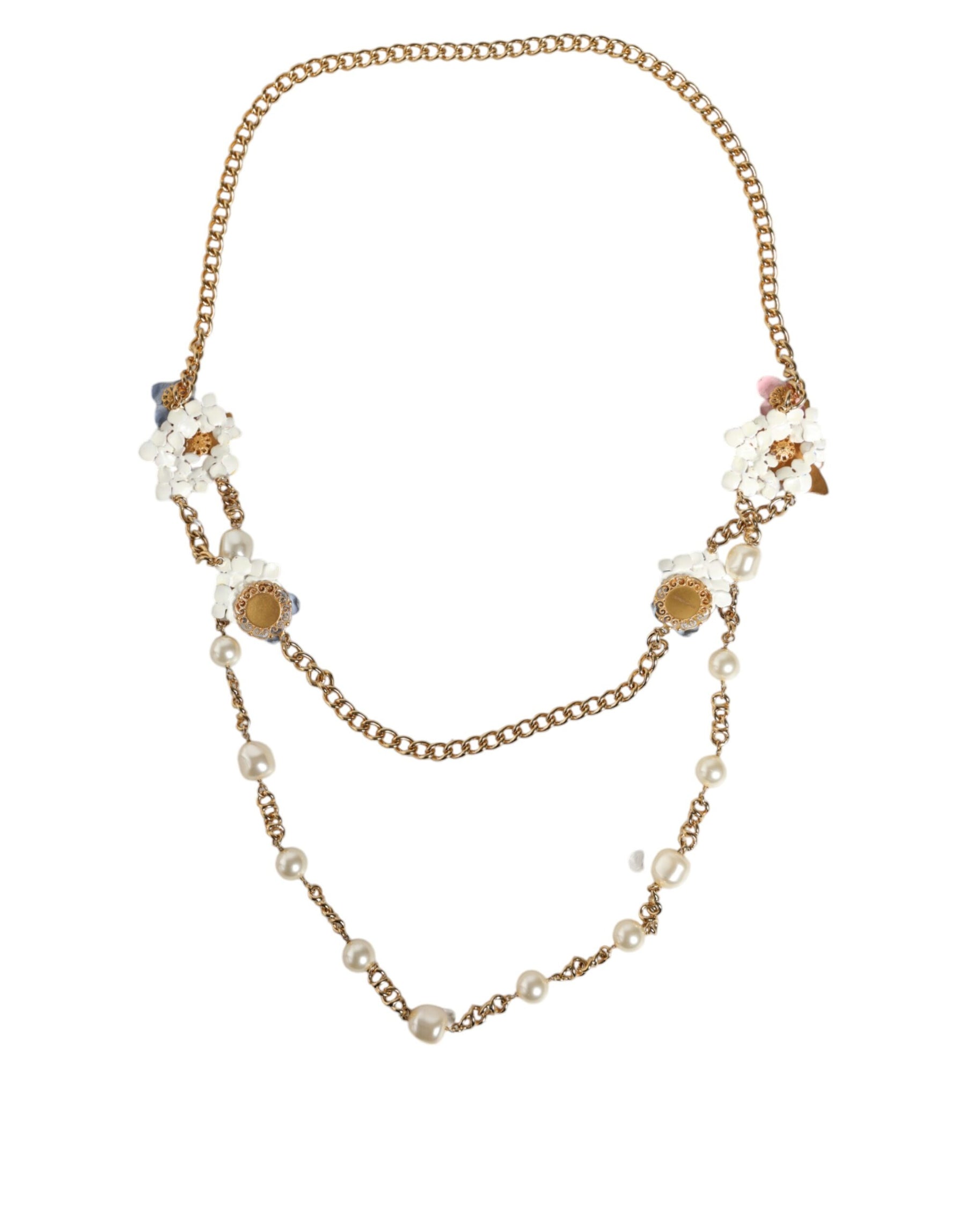 Dolce & Gabbana Gold Chain Brass Floral Layered Crystal Pearl Necklace | Regal Royce