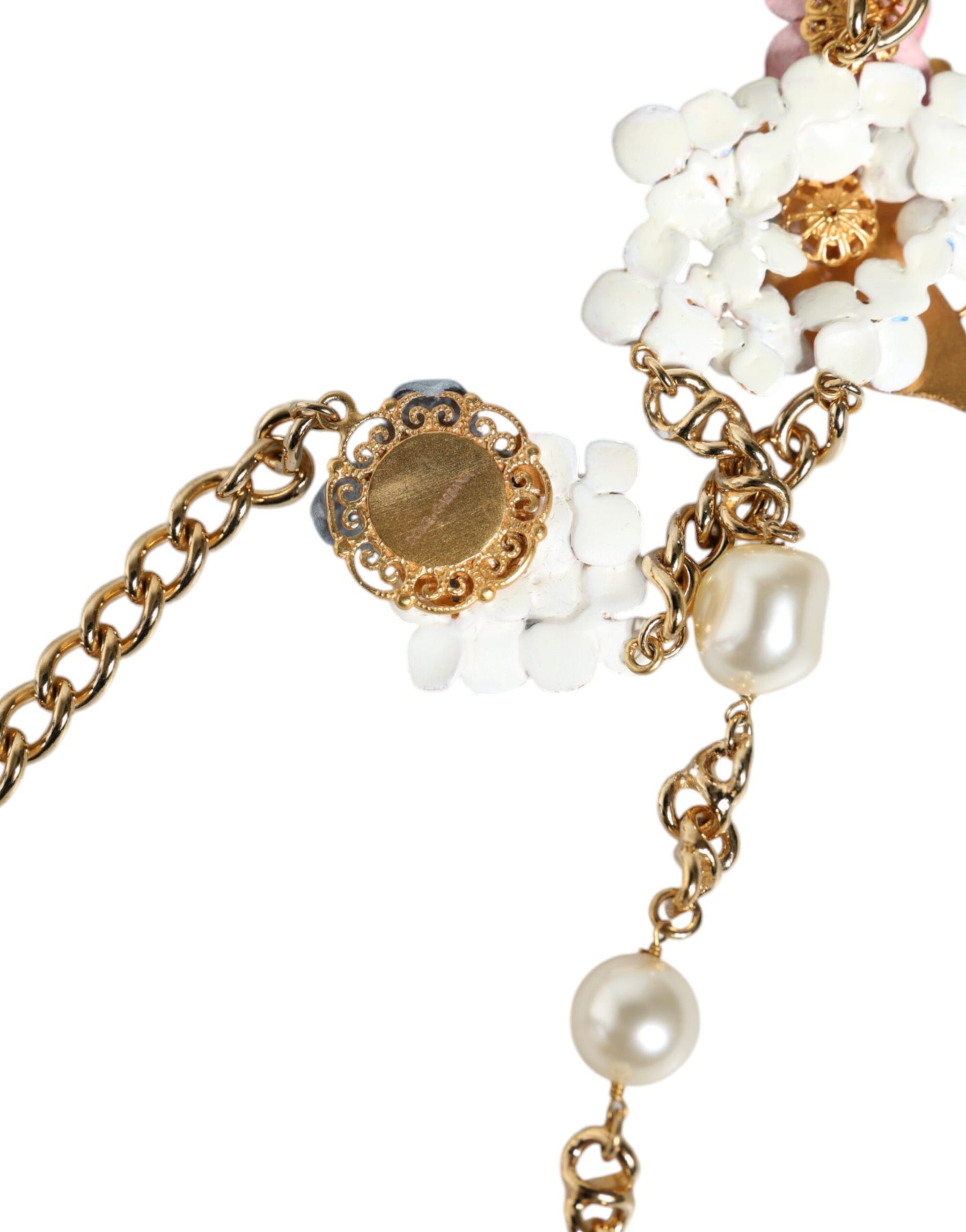 Dolce & Gabbana Gold Chain Brass Floral Layered Crystal Pearl Necklace | Regal Royce