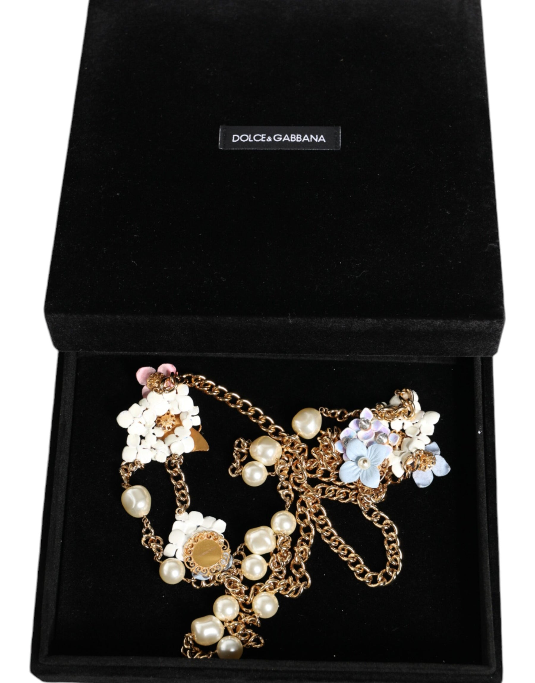 Dolce & Gabbana Gold Chain Brass Floral Layered Crystal Pearl Necklace | Regal Royce