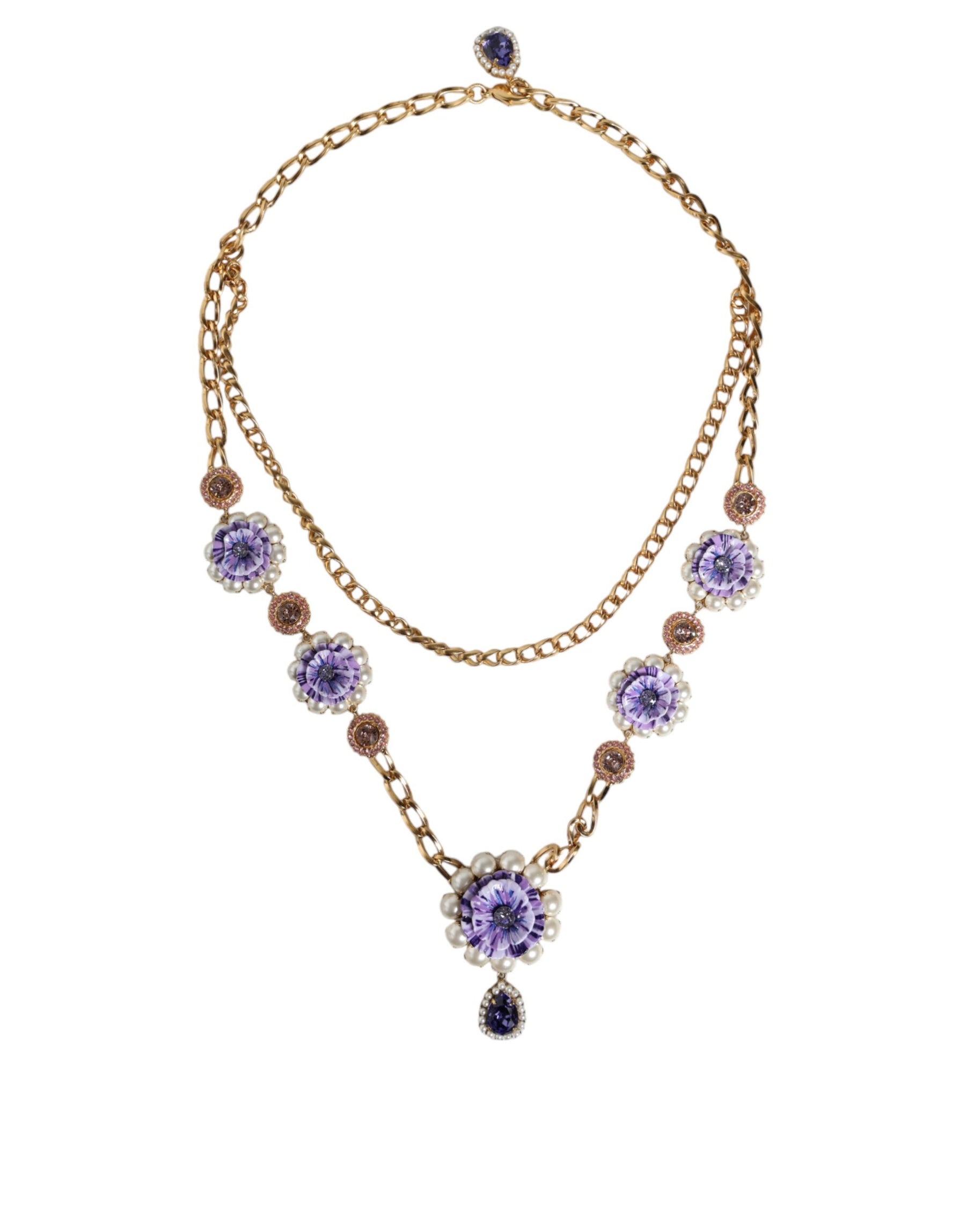 Dolce & Gabbana Gold Tone Floral Crystals Embellished Layered Necklace | Regal Royce