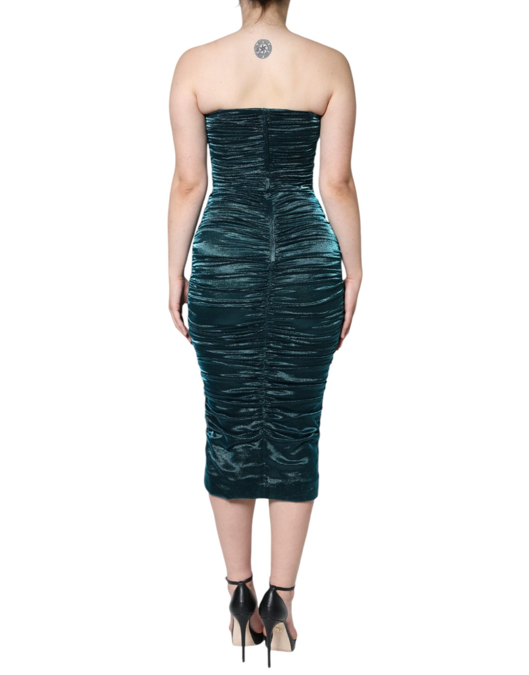Dolce & Gabbana Green Silk Blend Satin Fitted Strapless Dress | Regal Royce