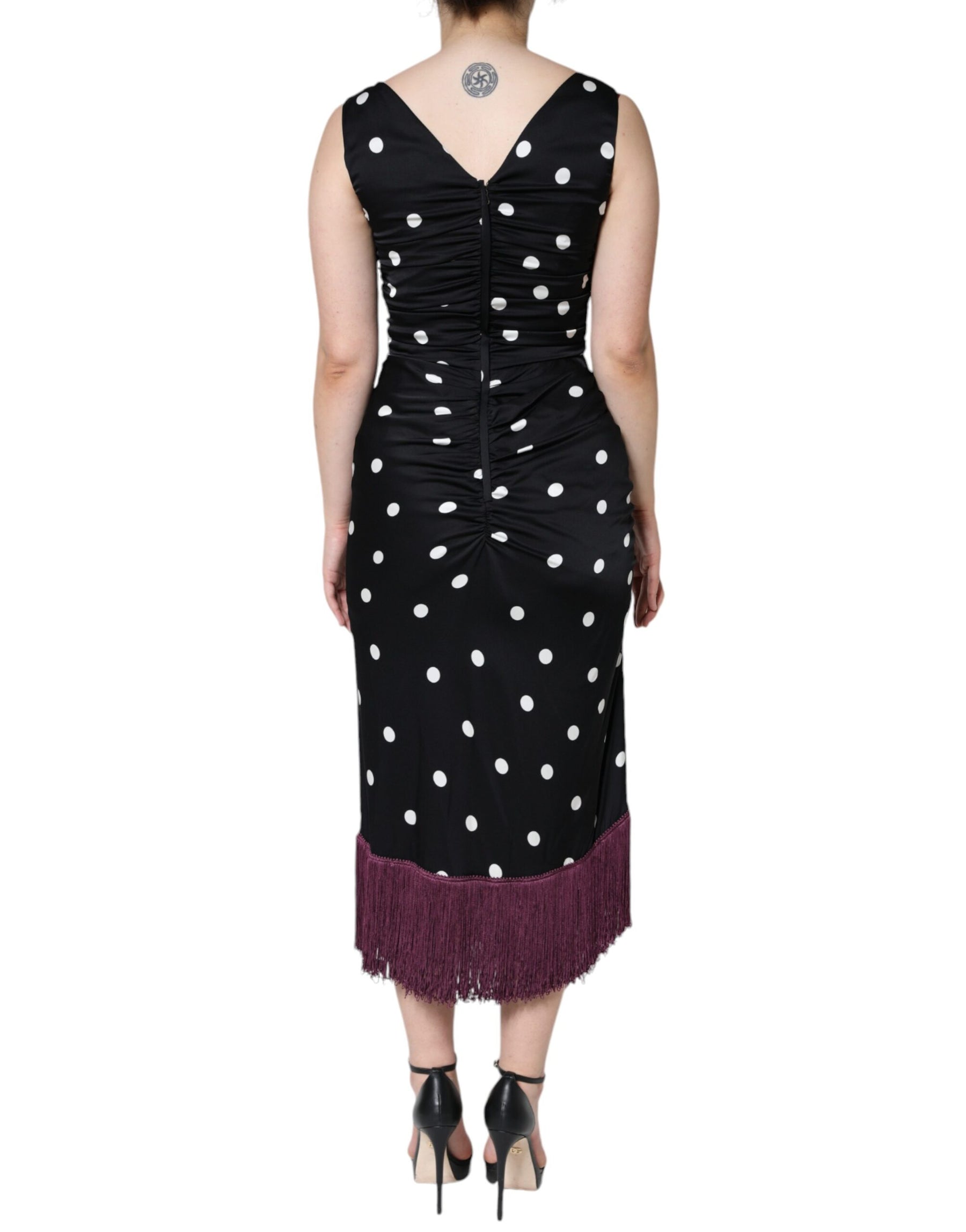 Dolce & Gabbana Black Silk Polka Dot V-neck Tassel Midi Dress | Regal Royce