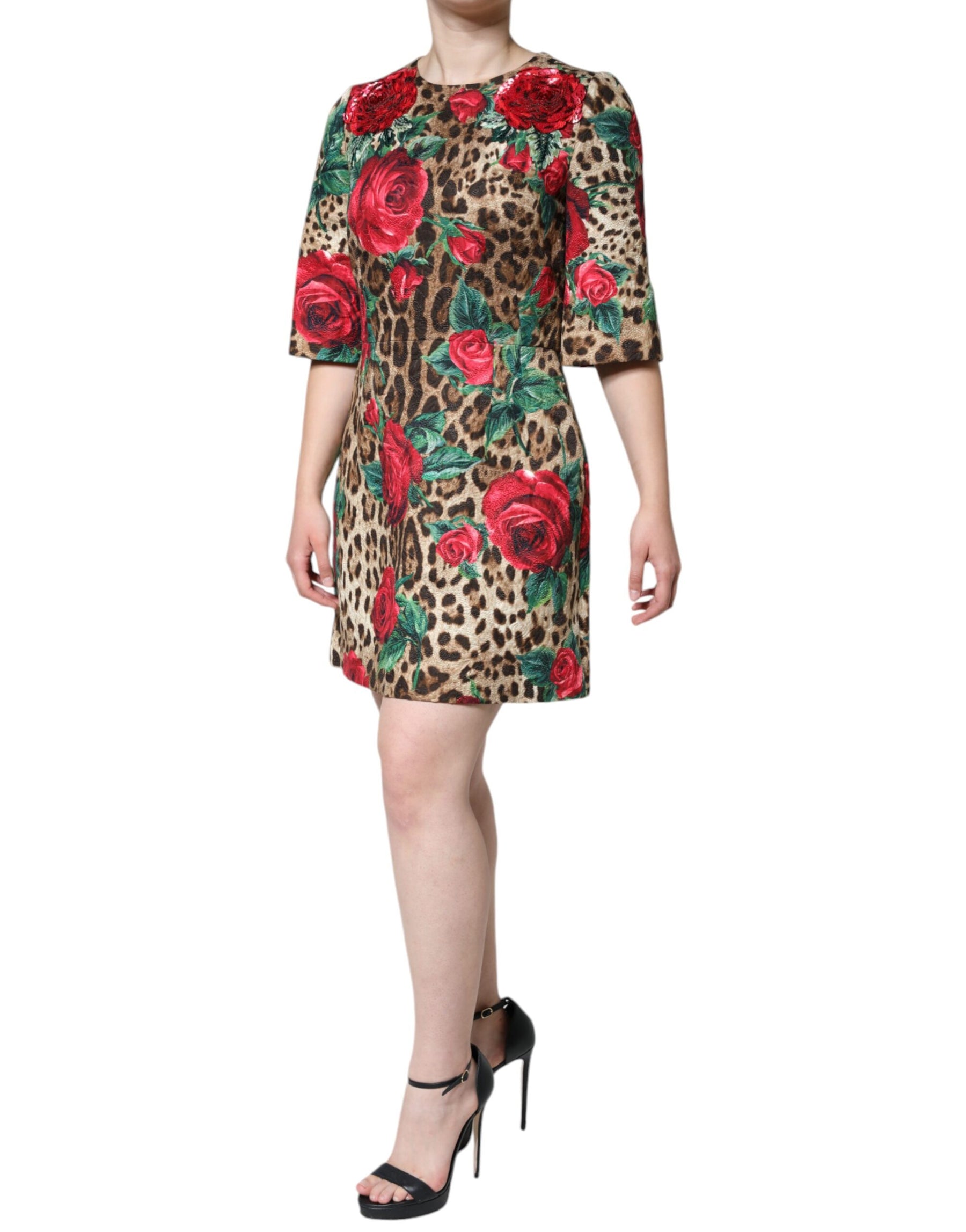 Dolce & Gabbana Brown Leopard Red Roses Cotton A-line Dress | Regal Royce