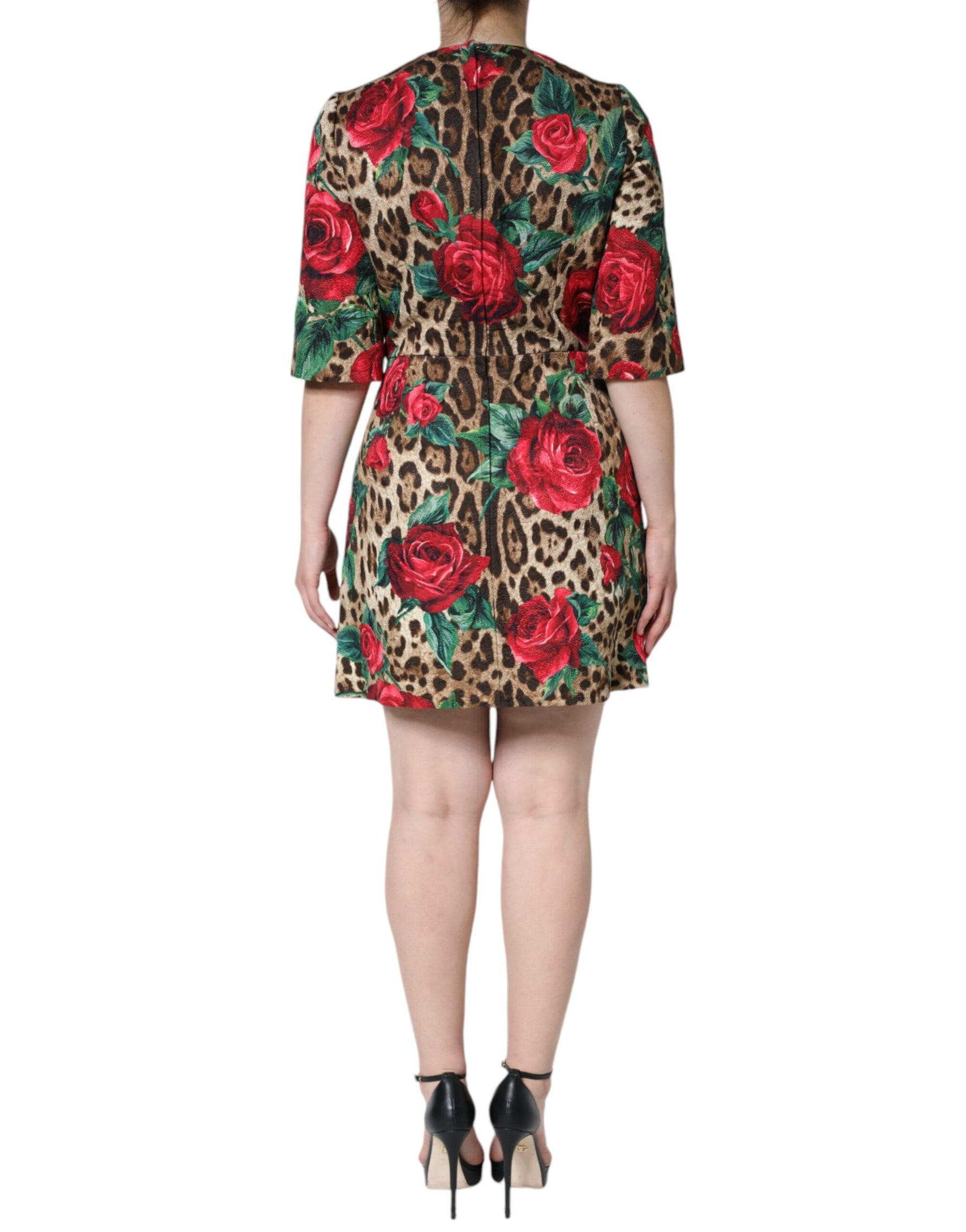 Dolce & Gabbana Brown Leopard Red Roses Cotton A-line Dress | Regal Royce