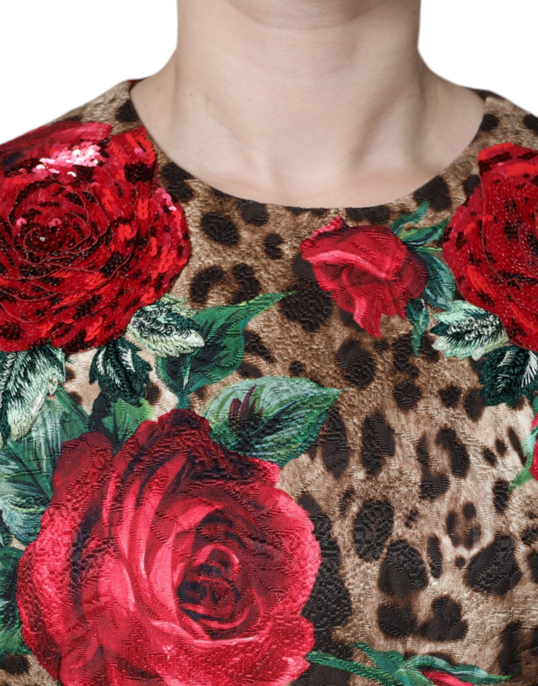 Dolce & Gabbana Brown Leopard Red Roses Cotton A-line Dress | Regal Royce