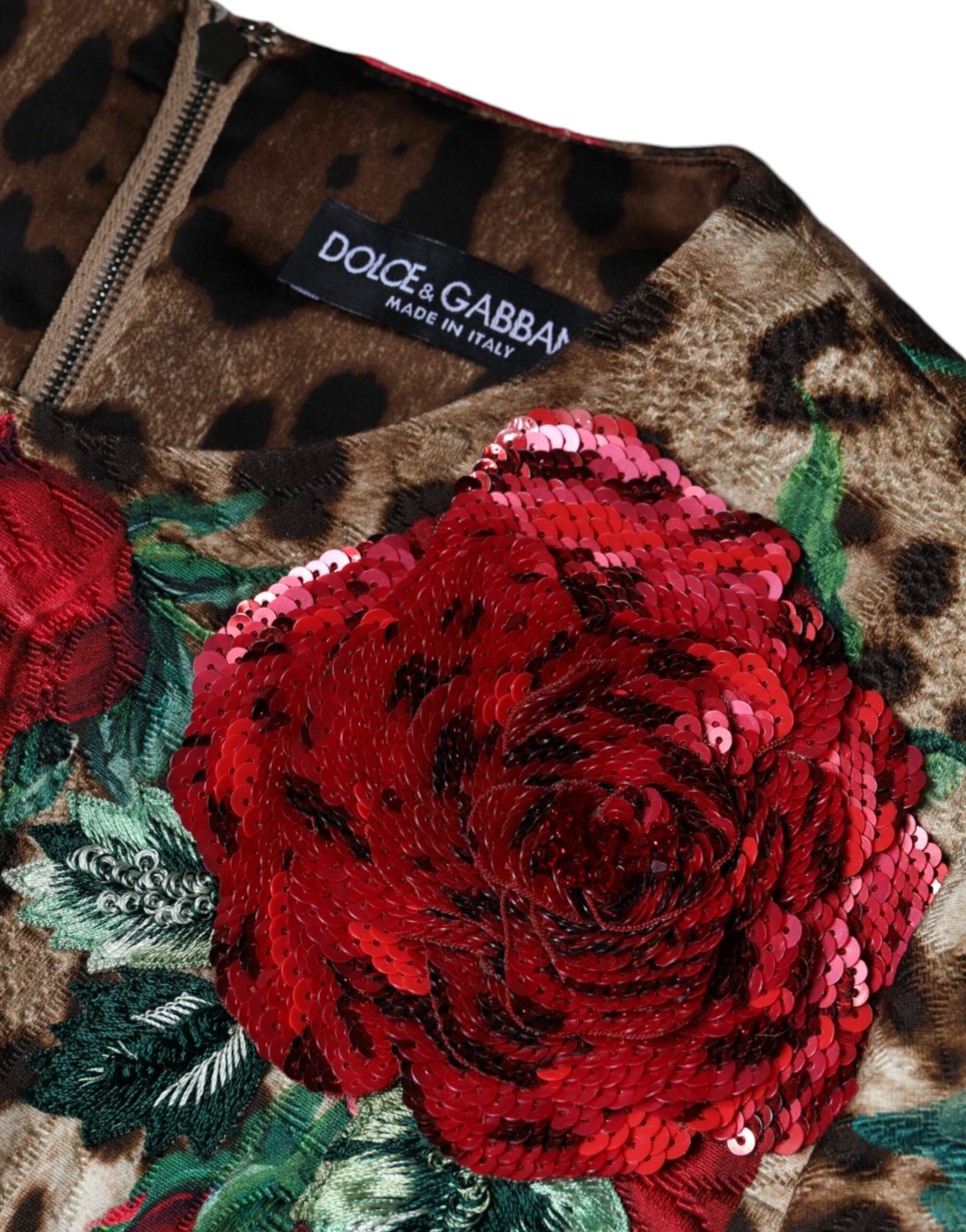 Dolce & Gabbana Brown Leopard Red Roses Cotton A-line Dress | Regal Royce