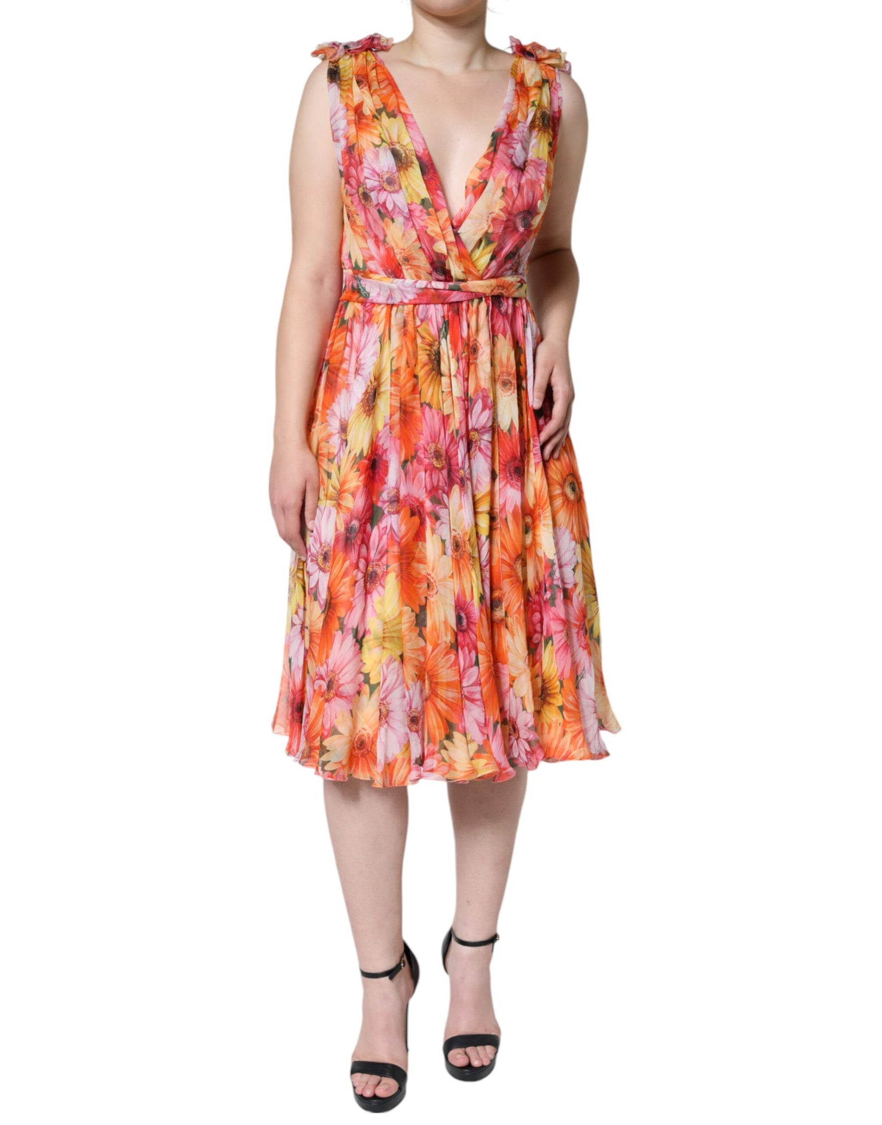 Dolce & Gabbana Multicolor Floral Sleeveless V-neck Midi Dress | Regal Royce