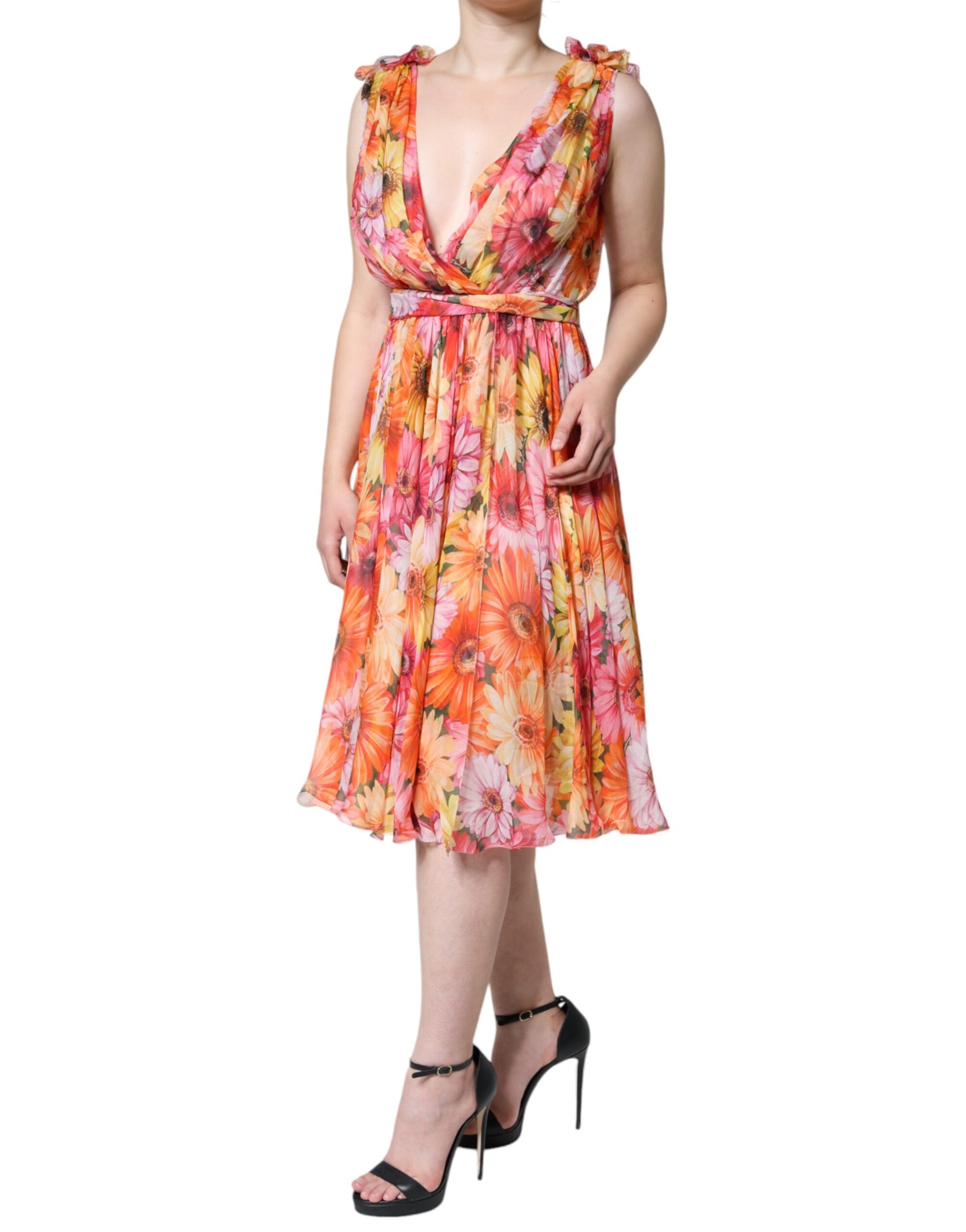 Dolce & Gabbana Multicolor Floral Sleeveless V-neck Midi Dress | Regal Royce