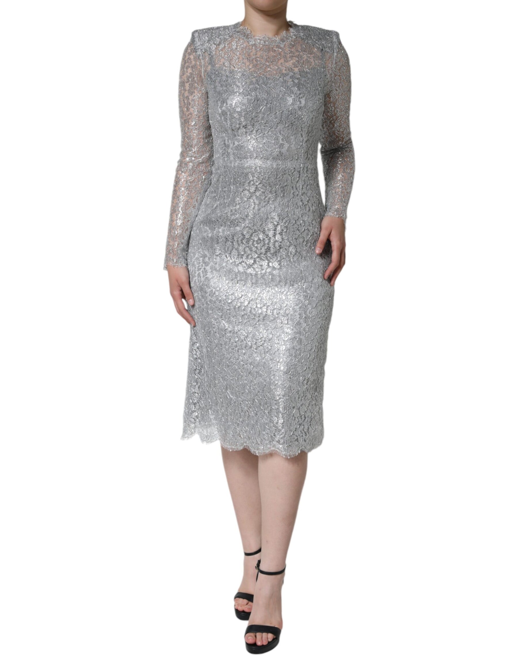 Dolce & Gabbana Silver Floral Lace Bodycon Sheath Midi Dress | Regal Royce