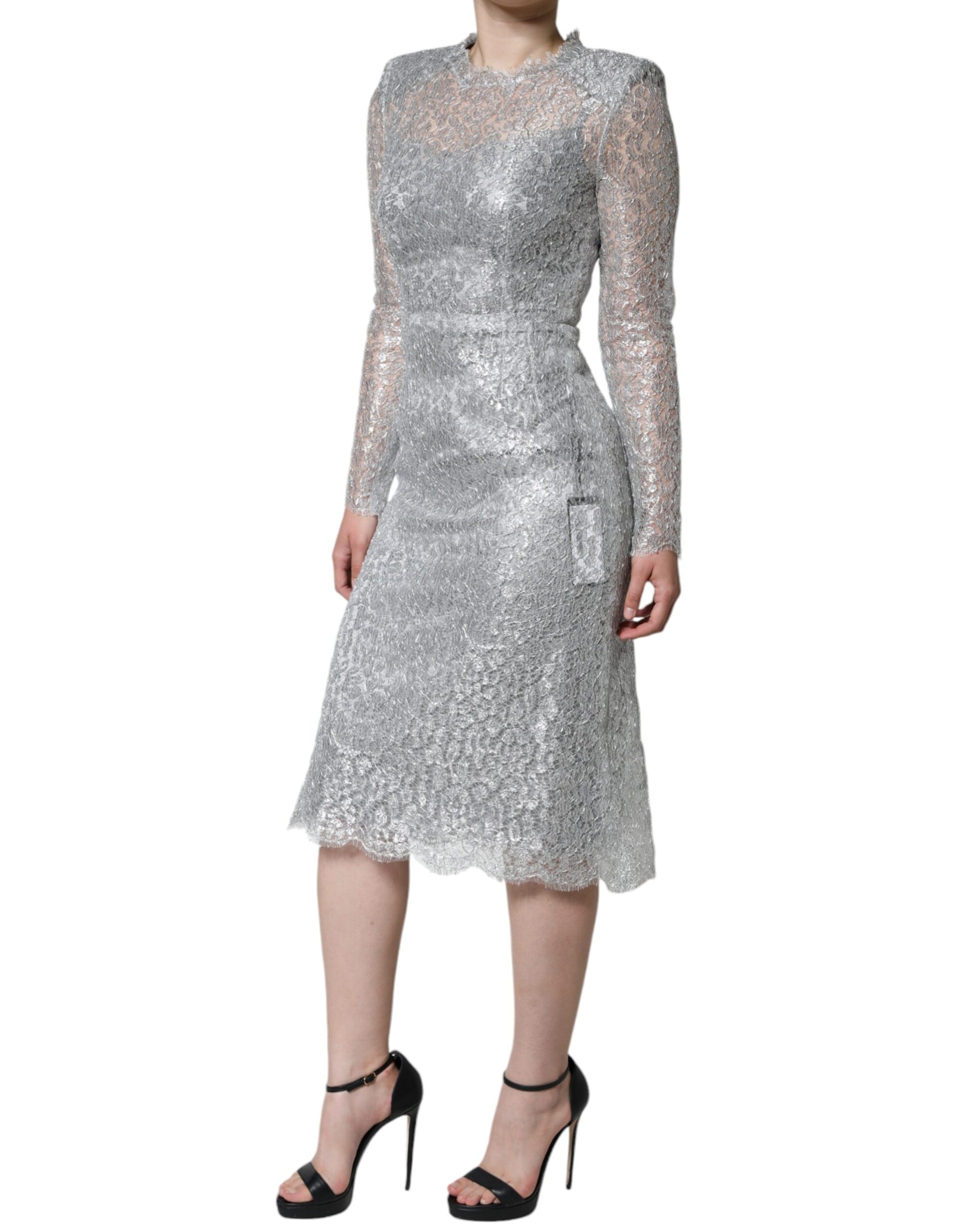 Dolce & Gabbana Silver Floral Lace Bodycon Sheath Midi Dress | Regal Royce