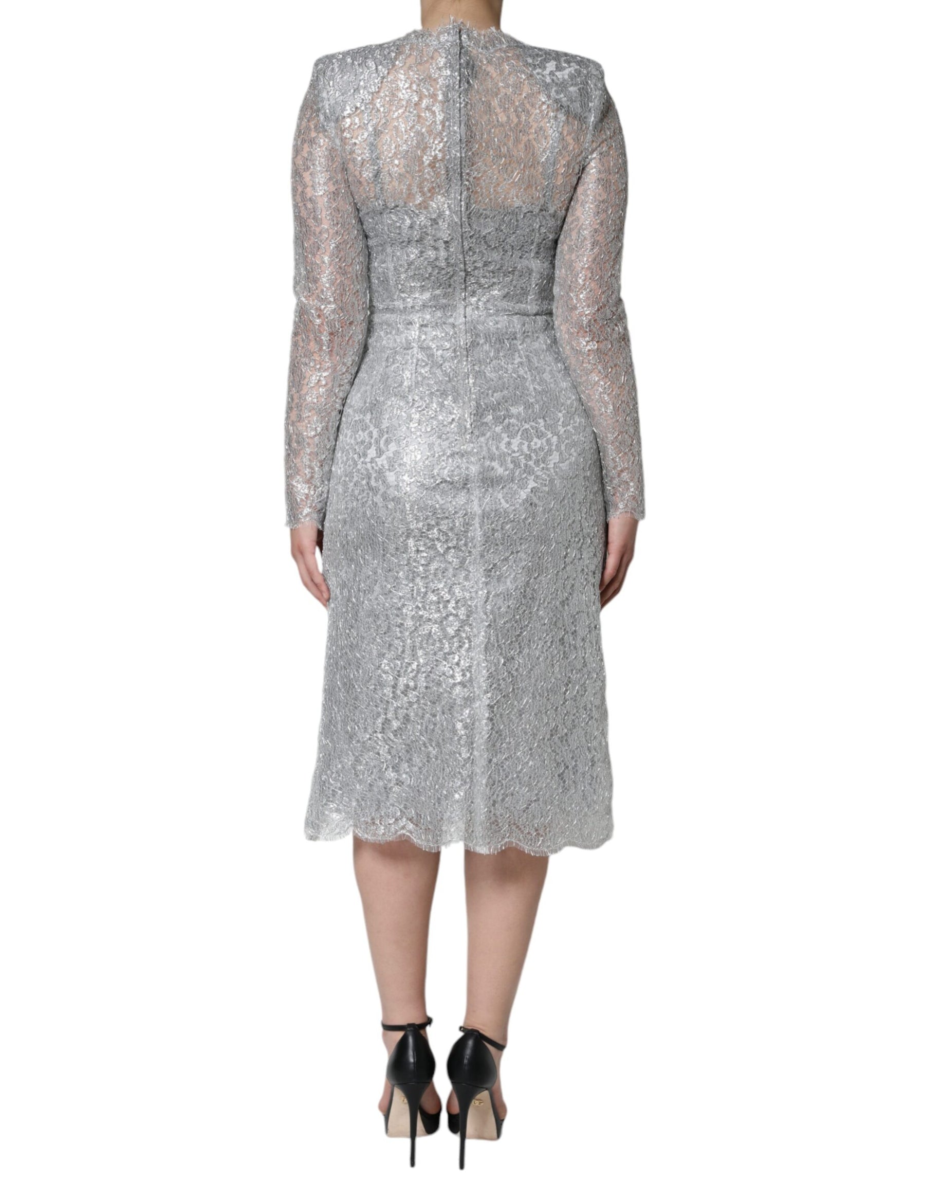 Dolce & Gabbana Silver Floral Lace Bodycon Sheath Midi Dress | Regal Royce