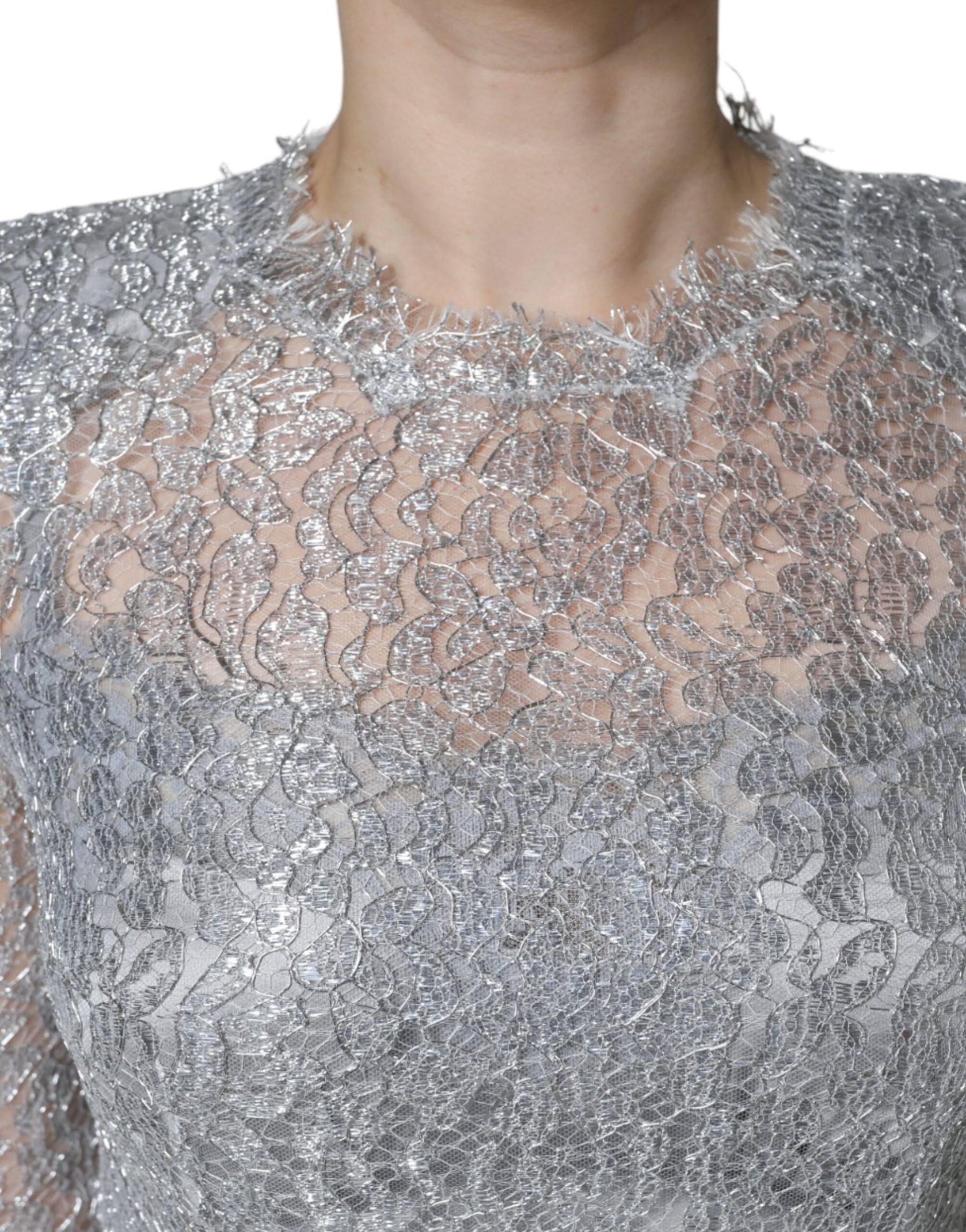 Dolce & Gabbana Silver Floral Lace Bodycon Sheath Midi Dress | Regal Royce