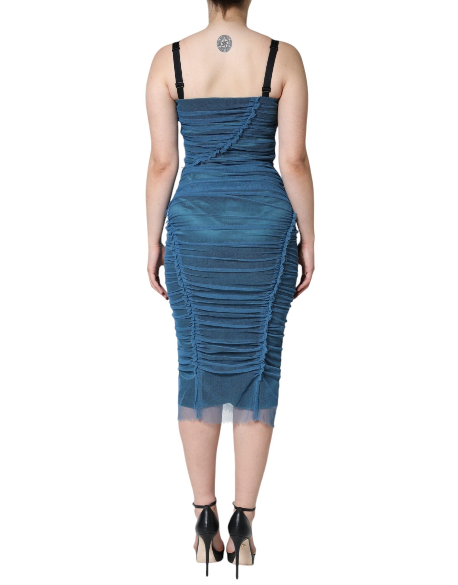 Dolce & Gabbana Blue Mesh Trim Ruched Tulle Sheath Dress | Regal Royce