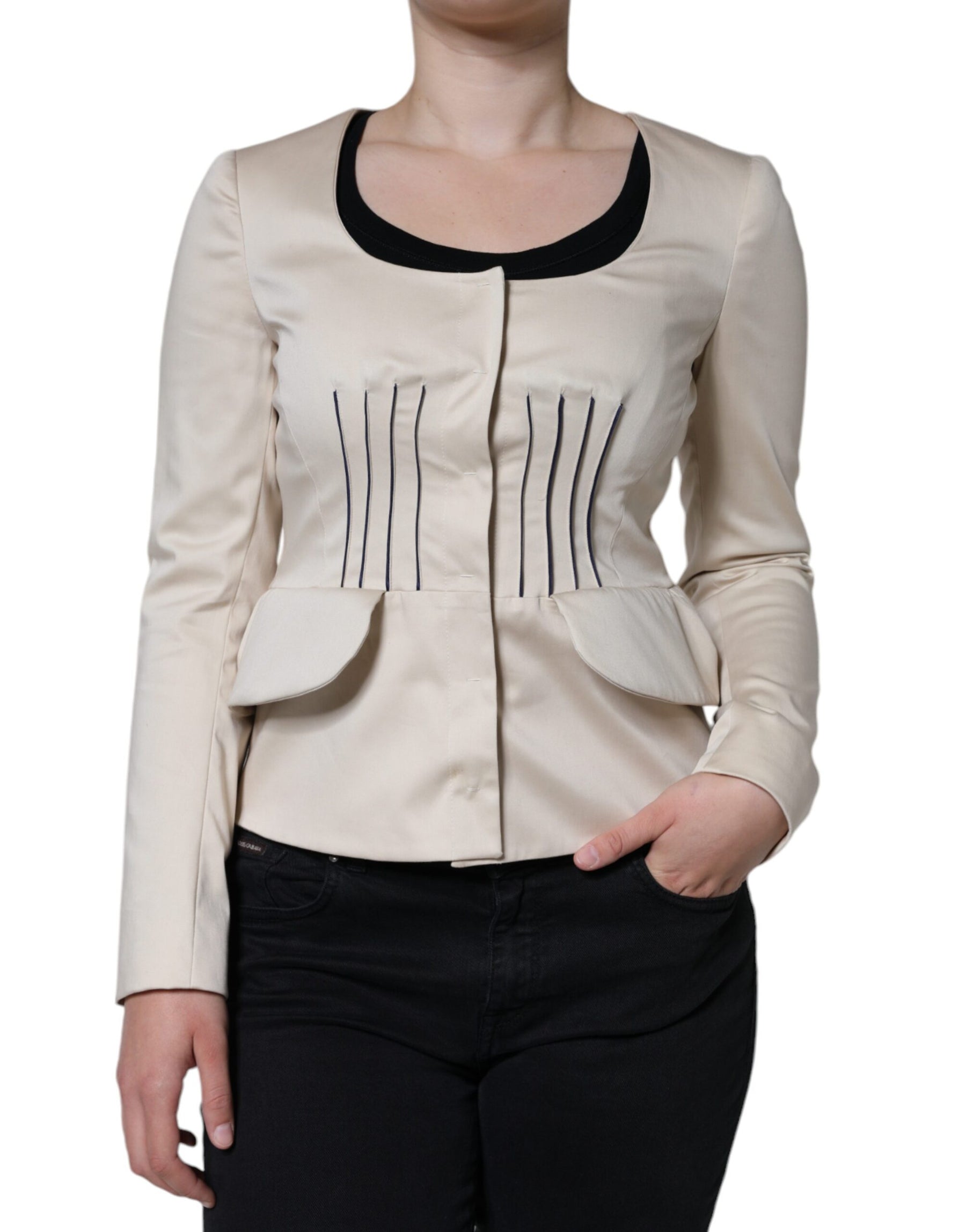 Valentino Beige Cotton Long Sleeves Round Neck Blazer Jacket | Regal Royce