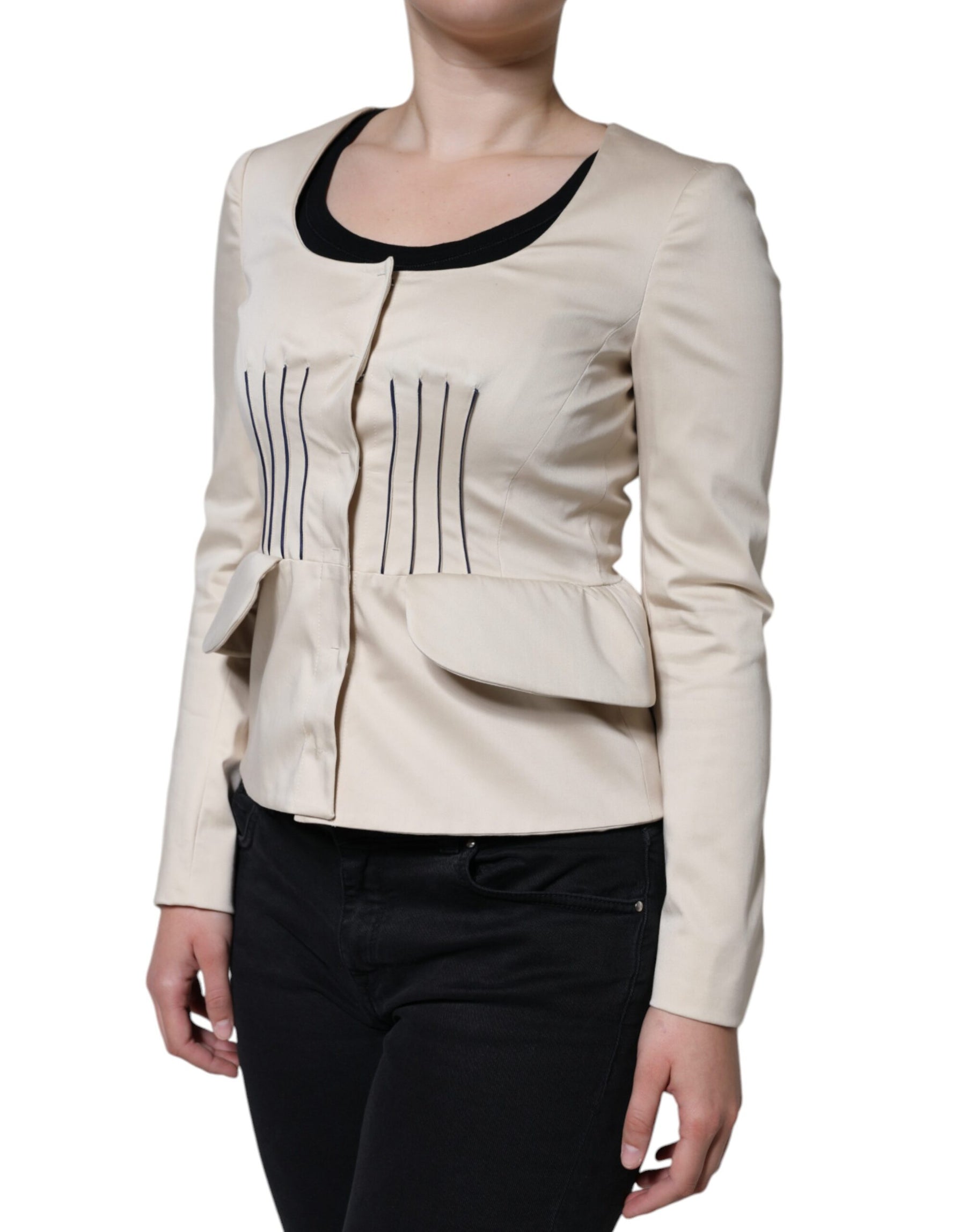 Valentino Beige Cotton Long Sleeves Round Neck Blazer Jacket | Regal Royce