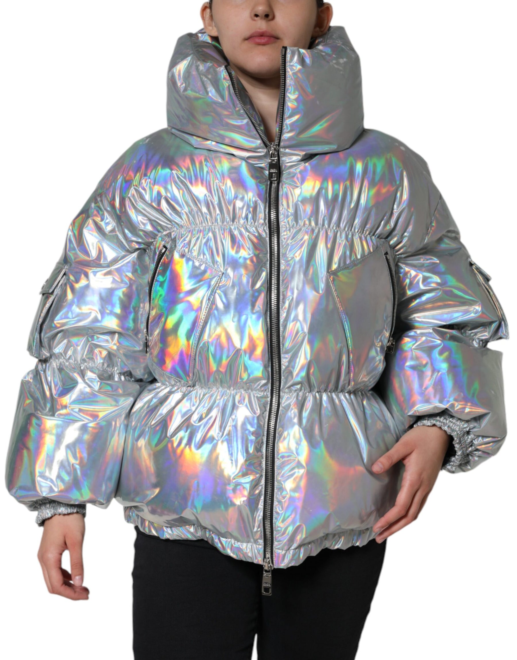 Dolce & Gabbana Silver Iridescent Puffer Full Zip Coat Jacket | Regal Royce