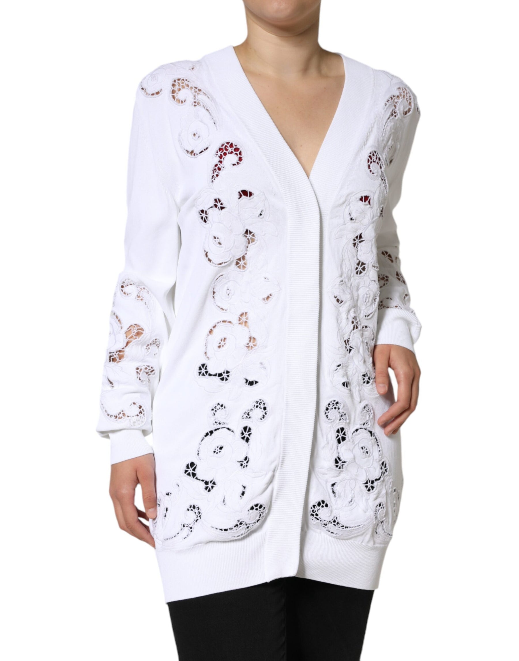 Dolce & Gabbana White Viscose Floral Cut Out Cardigan Sweater | Regal Royce