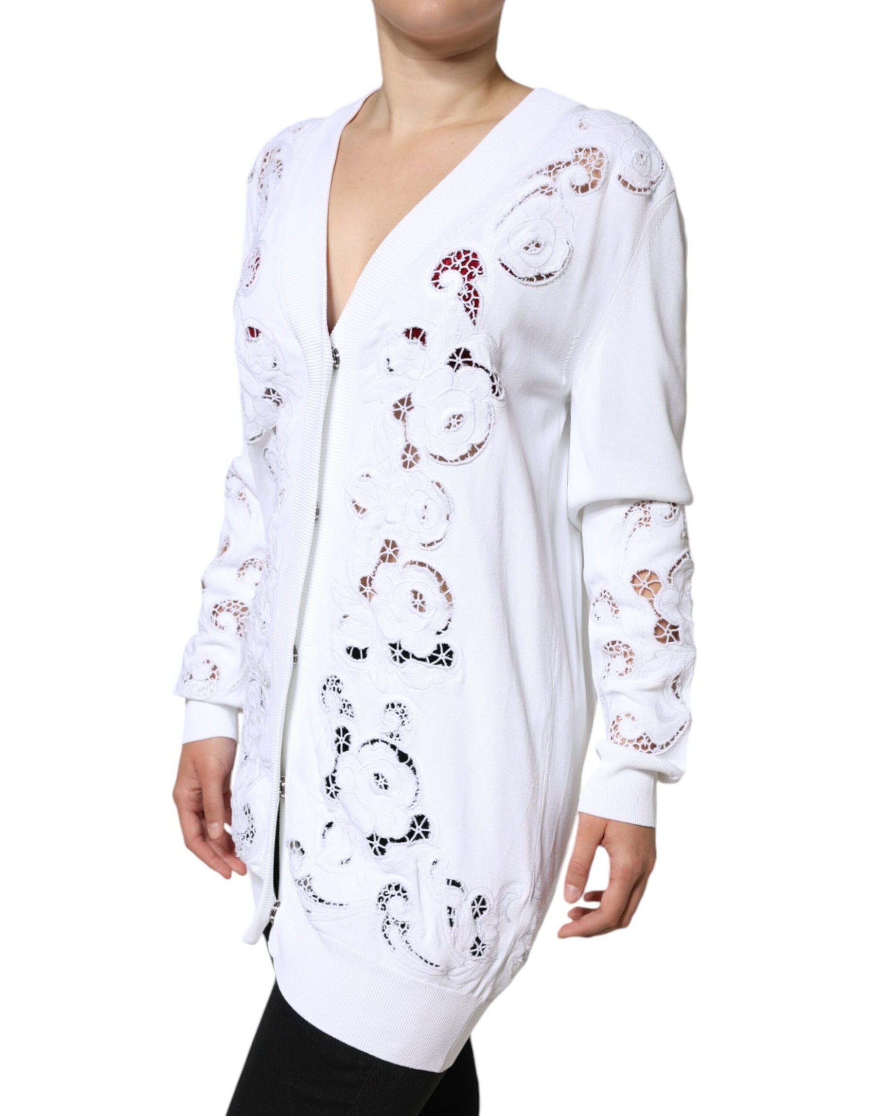 Dolce & Gabbana White Viscose Floral Cut Out Cardigan Sweater | Regal Royce