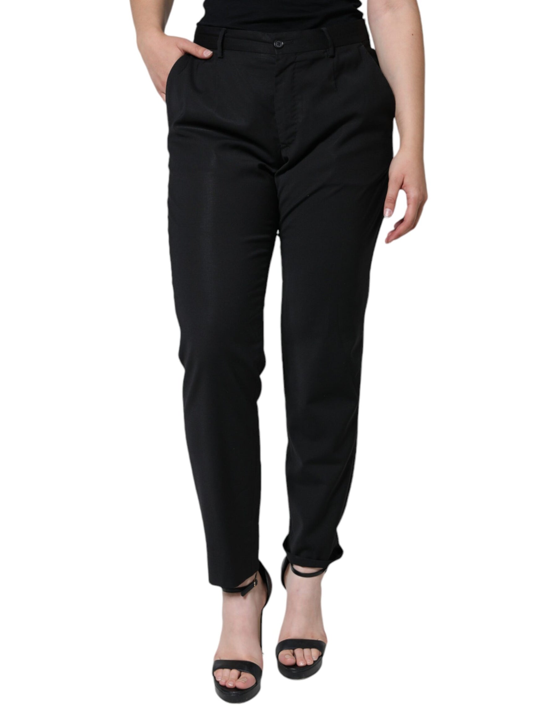 Dolce & Gabbana Black Polyester High Waist Tapered Pants | Regal Royce
