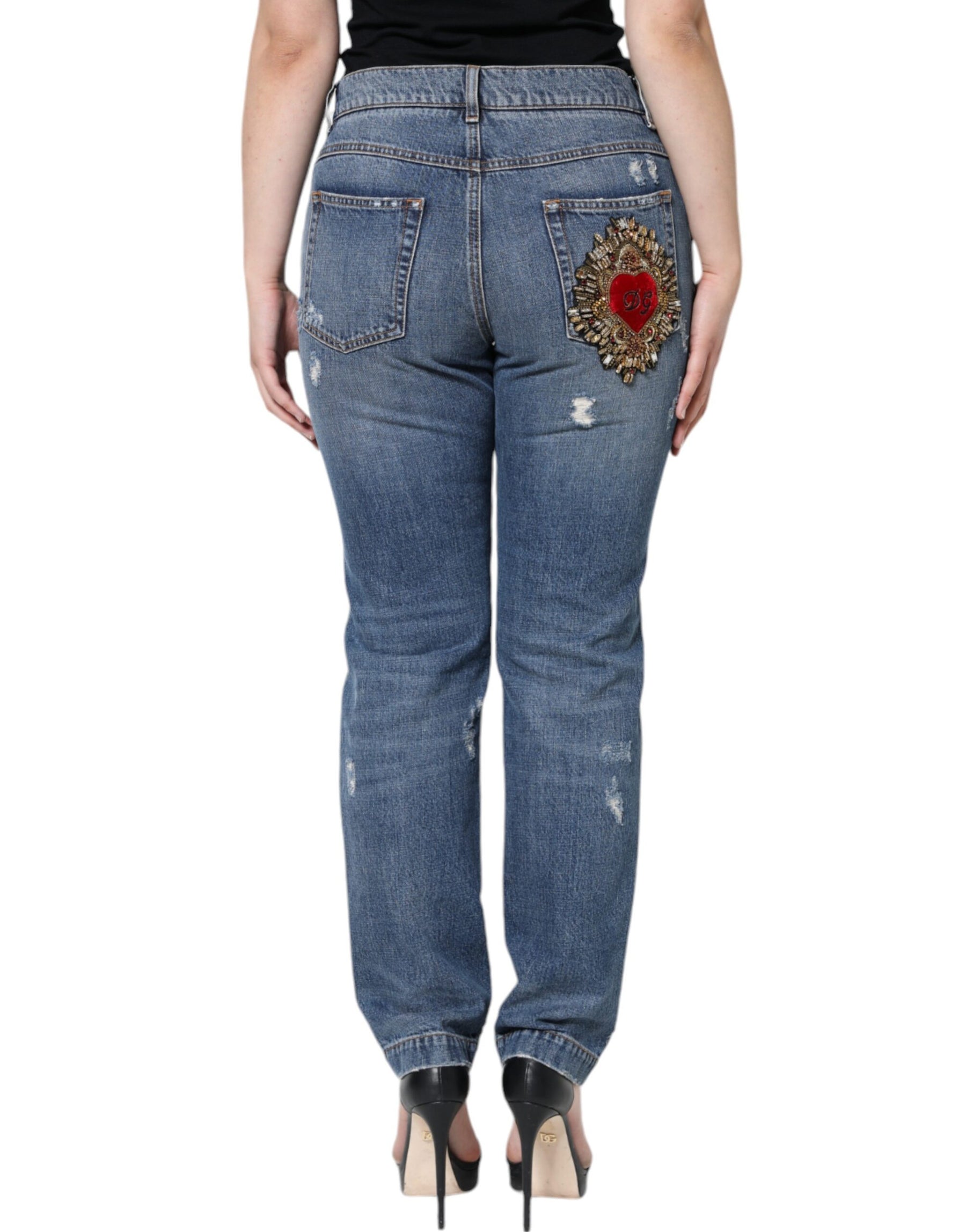 Dolce & Gabbana Blue Cotton Tattered Boyfriend Denim Jeans | Regal Royce