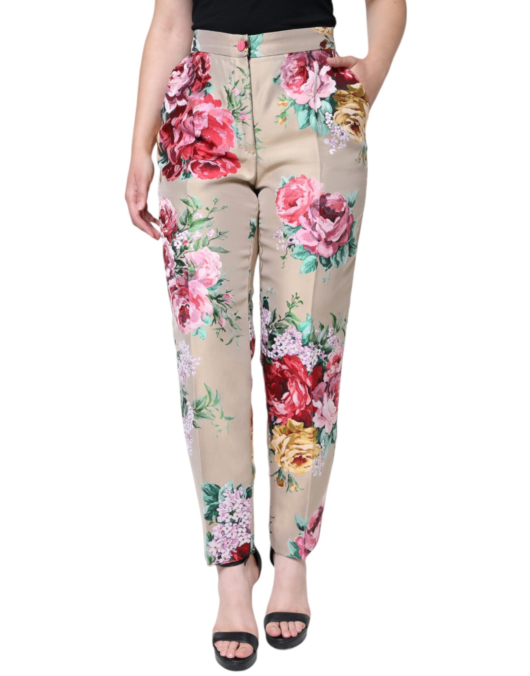 Dolce & Gabbana Beige Floral Jacquard High Waist Tapered Pants | Regal Royce