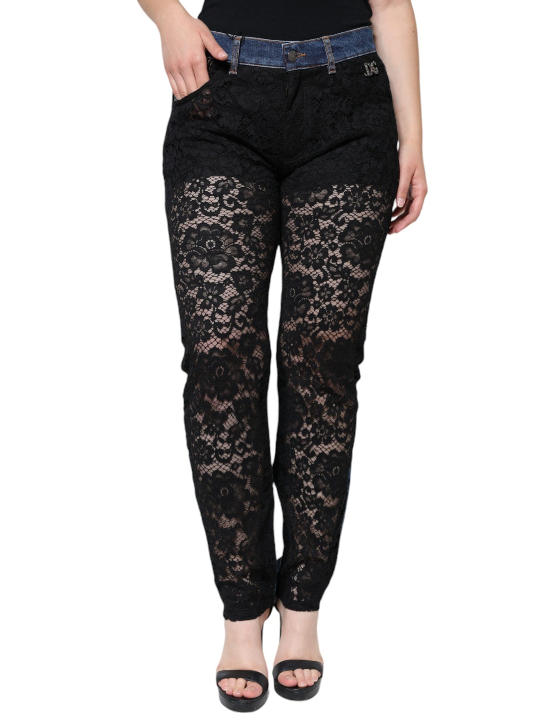 Dolce & Gabbana Black Floral Lace Front Skinny Denim Jeans | Regal Royce