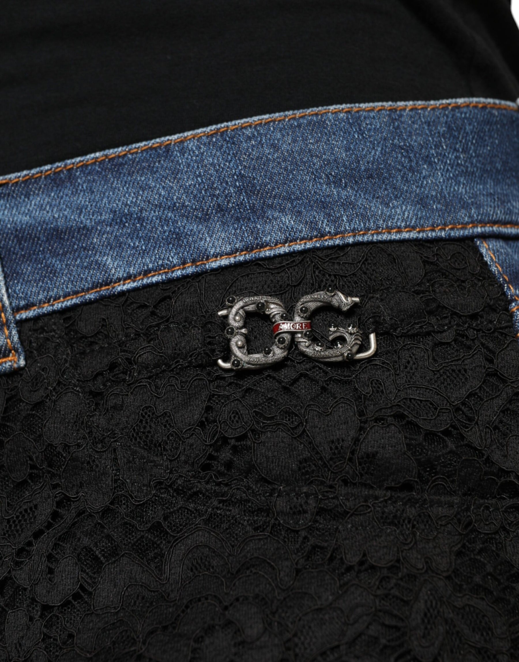 Dolce & Gabbana Black Floral Lace Front Skinny Denim Jeans | Regal Royce