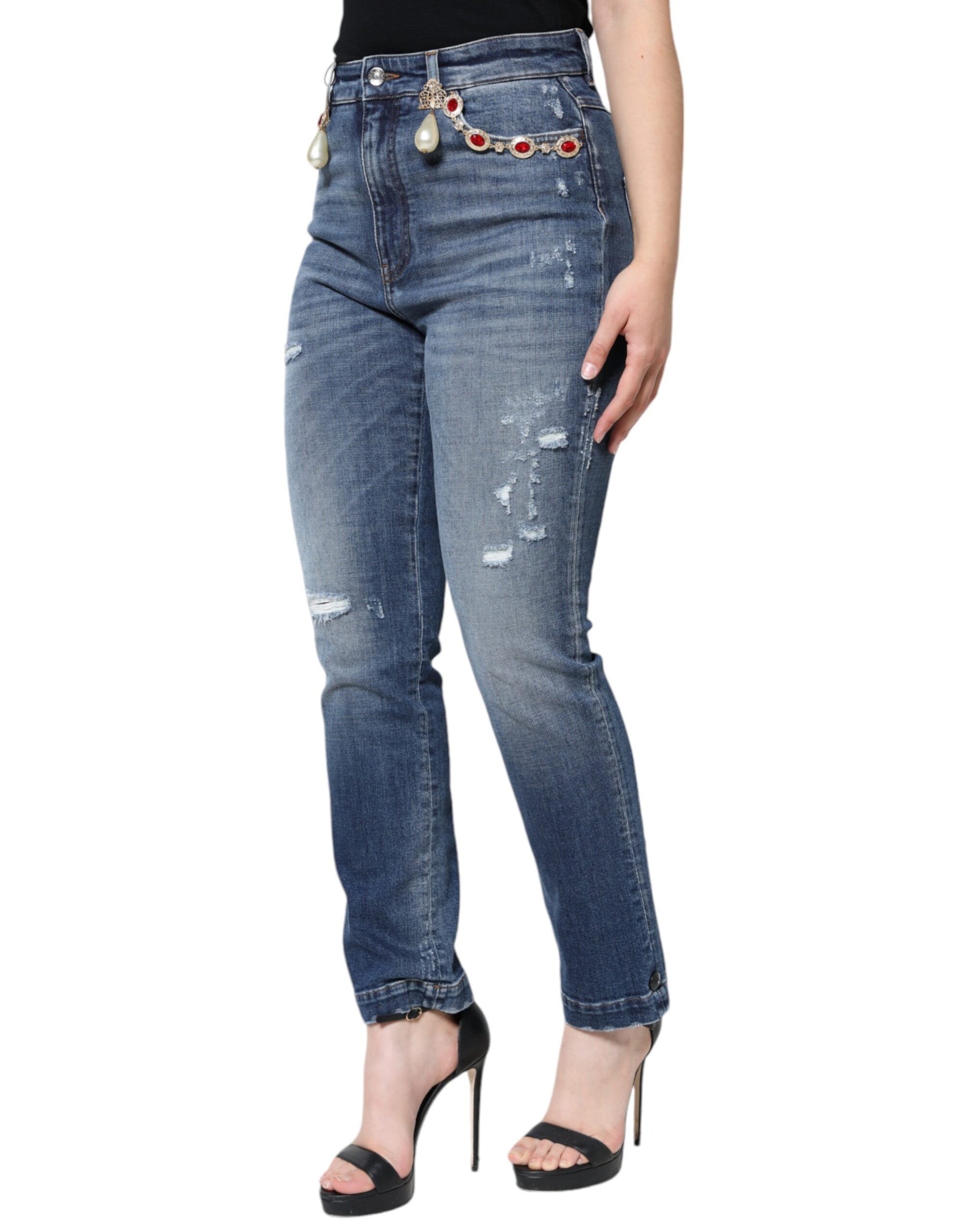 Dolce & Gabbana Dark Blue Cotton Tattered Skinny Denim Jeans | Regal Royce