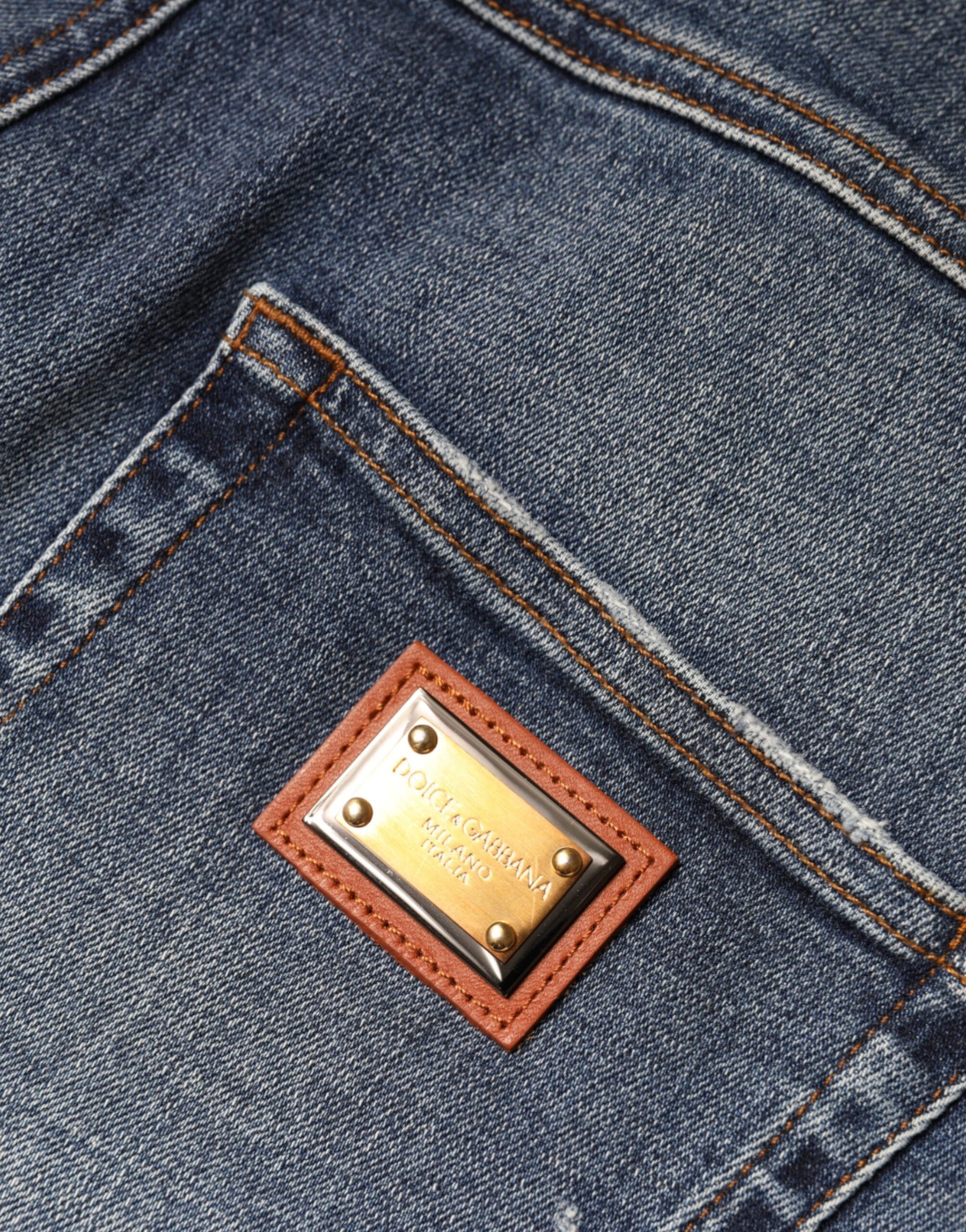 Dolce & Gabbana Dark Blue Cotton Tattered Skinny Denim Jeans | Regal Royce