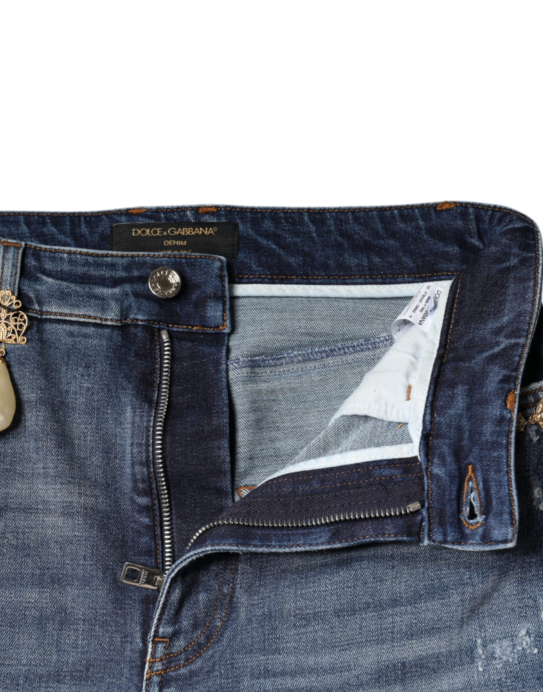 Dolce & Gabbana Dark Blue Cotton Tattered Skinny Denim Jeans | Regal Royce