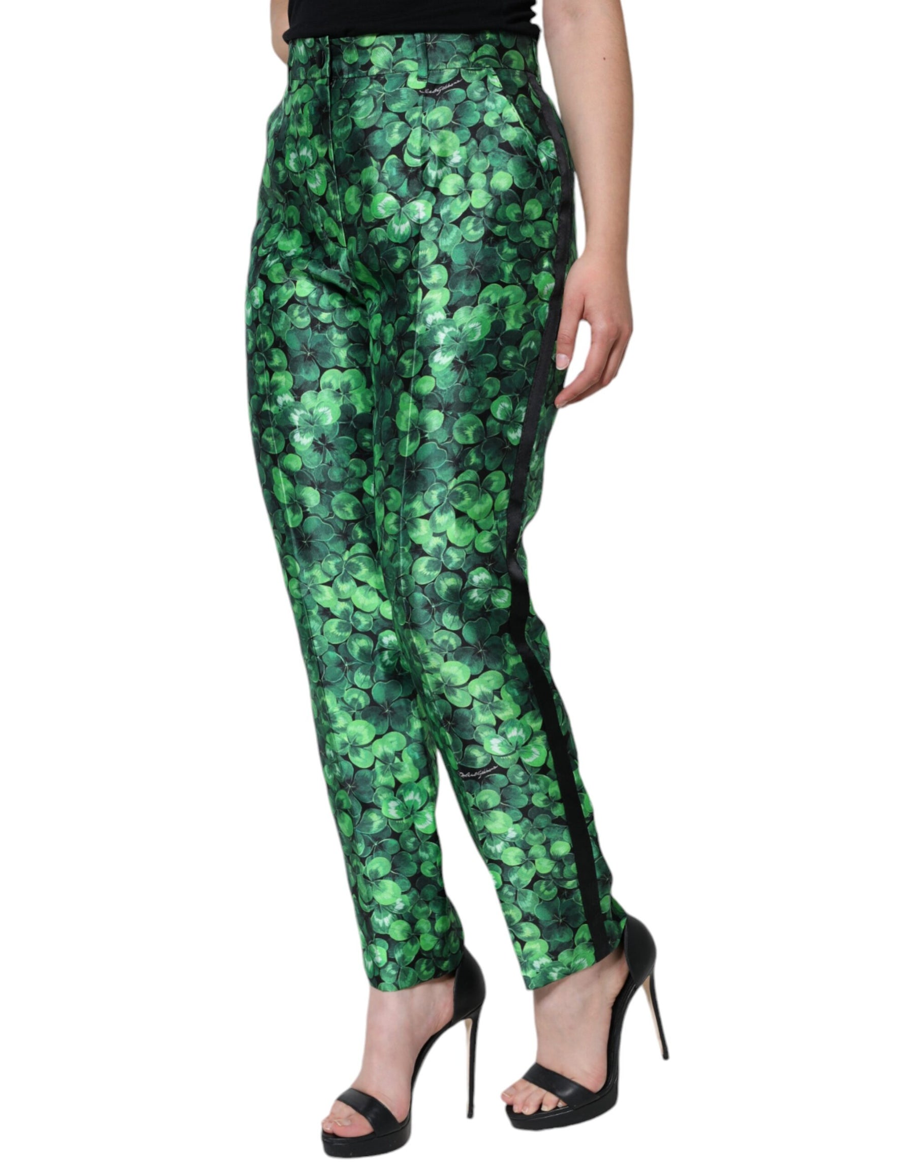 Dolce & Gabbana Green Clover Silk Satin High Waist Tapered Pants | Regal Royce