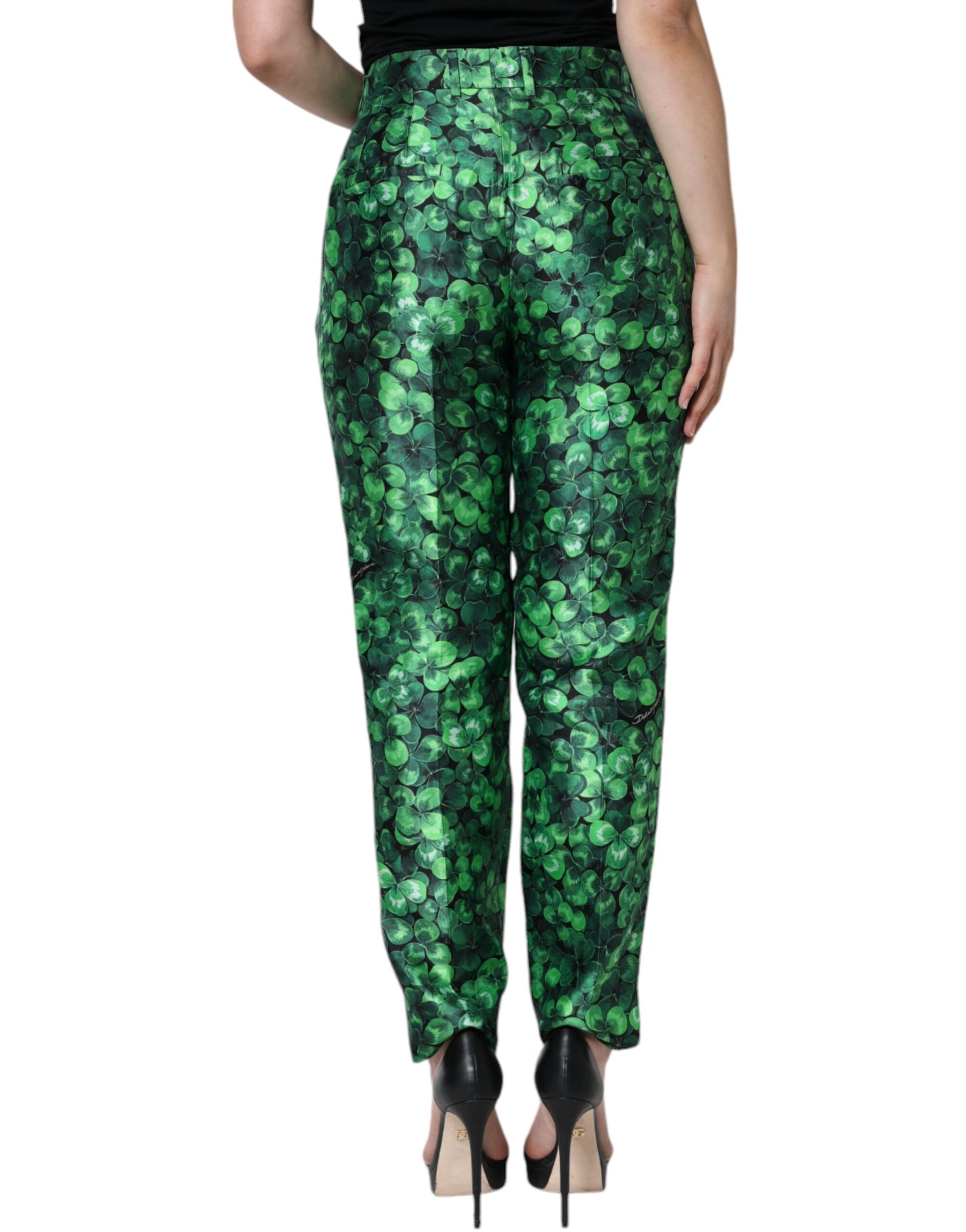 Dolce & Gabbana Green Clover Silk Satin High Waist Tapered Pants | Regal Royce