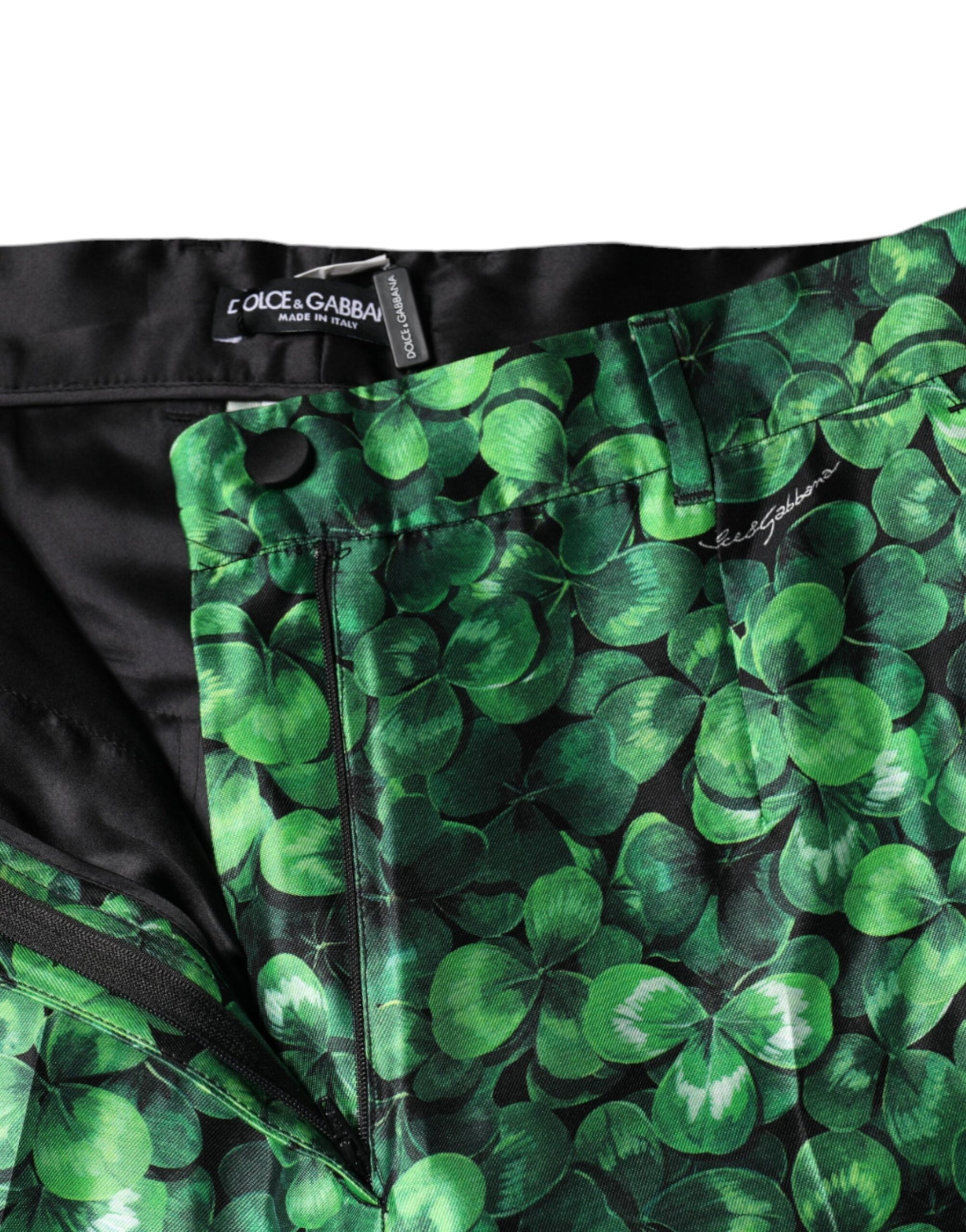 Dolce & Gabbana Green Clover Silk Satin High Waist Tapered Pants | Regal Royce