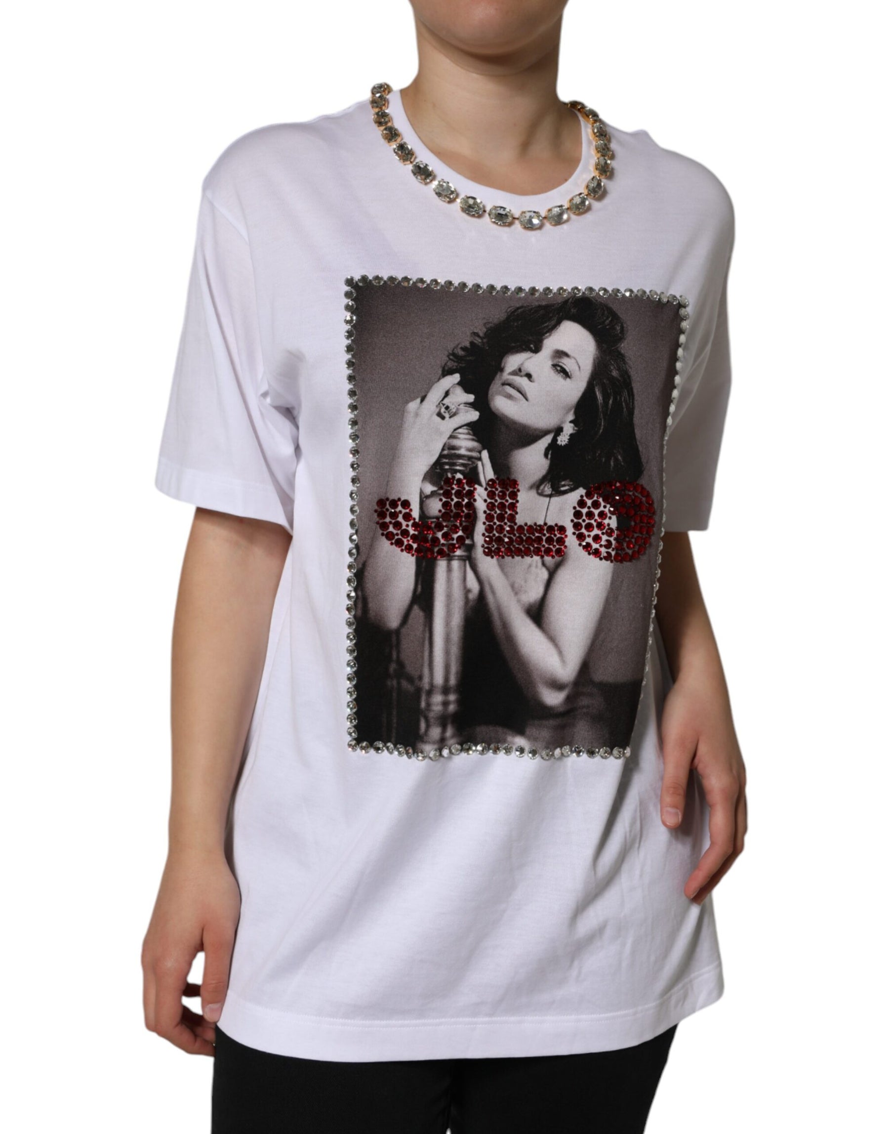 Dolce & Gabbana White Crystal Neckline Embellished Printed T-shirt | Regal Royce