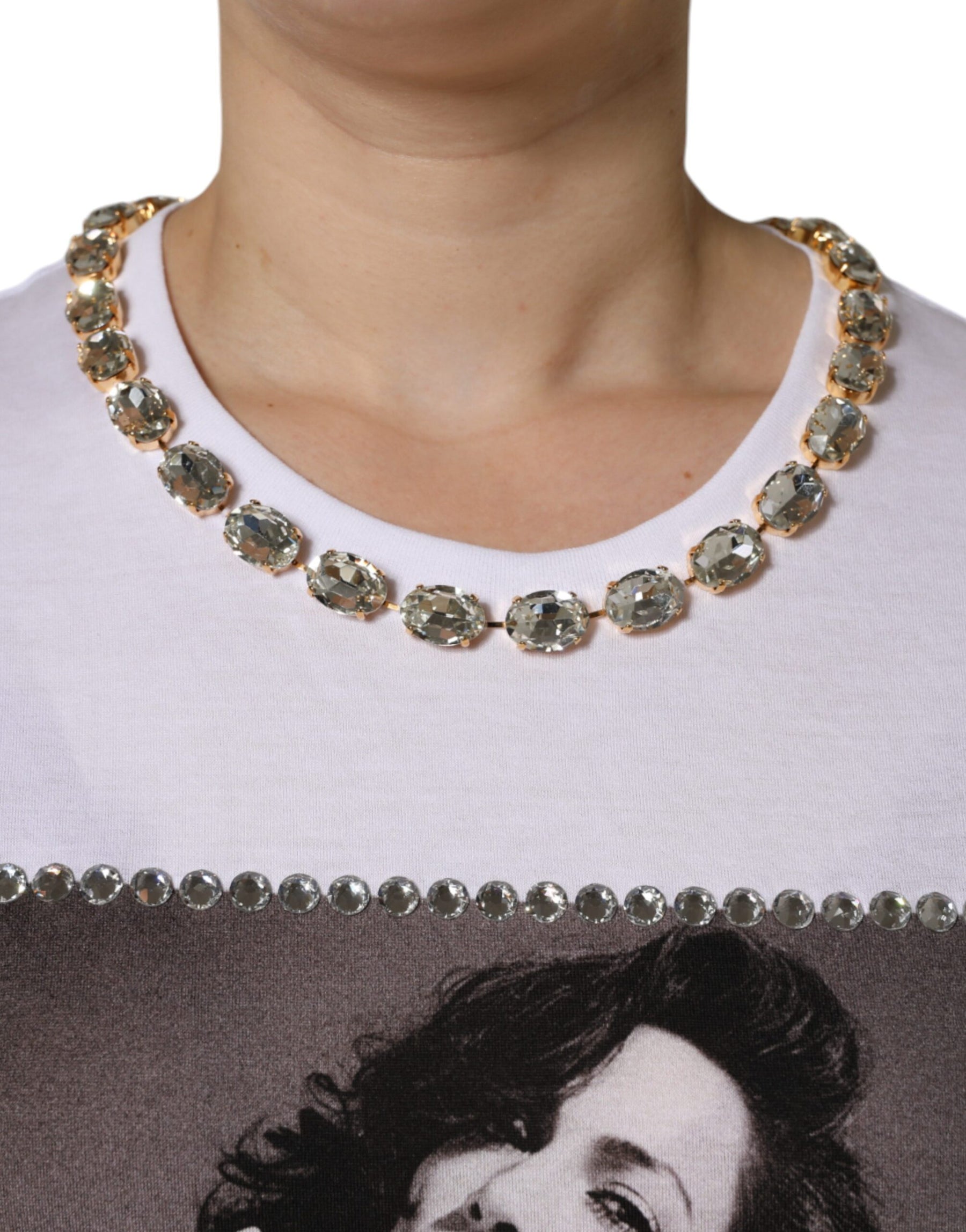 Dolce & Gabbana White Crystal Neckline Embellished Printed T-shirt | Regal Royce