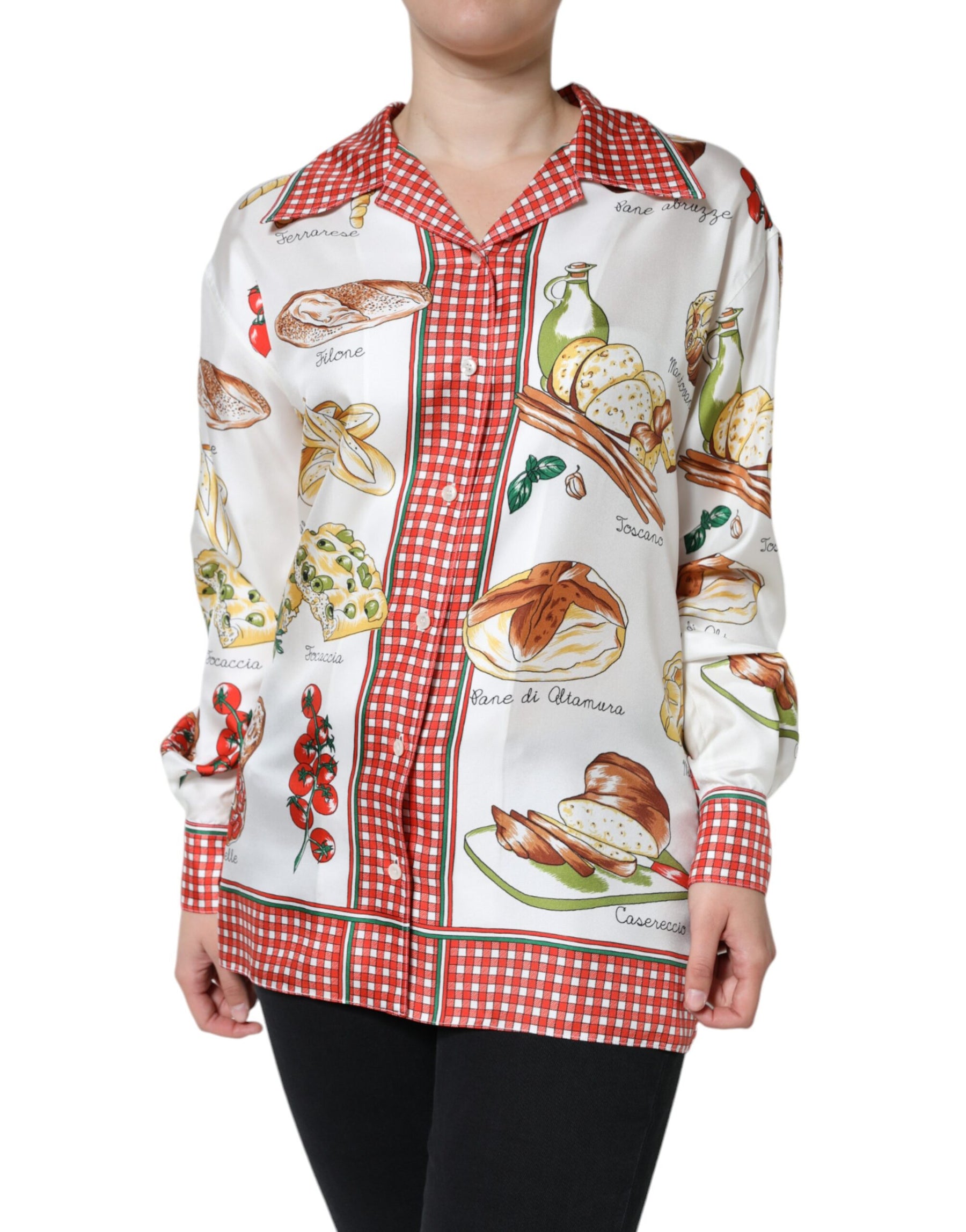 Dolce & Gabbana Multicolor Bread Print Collared Blouse Top | Regal Royce