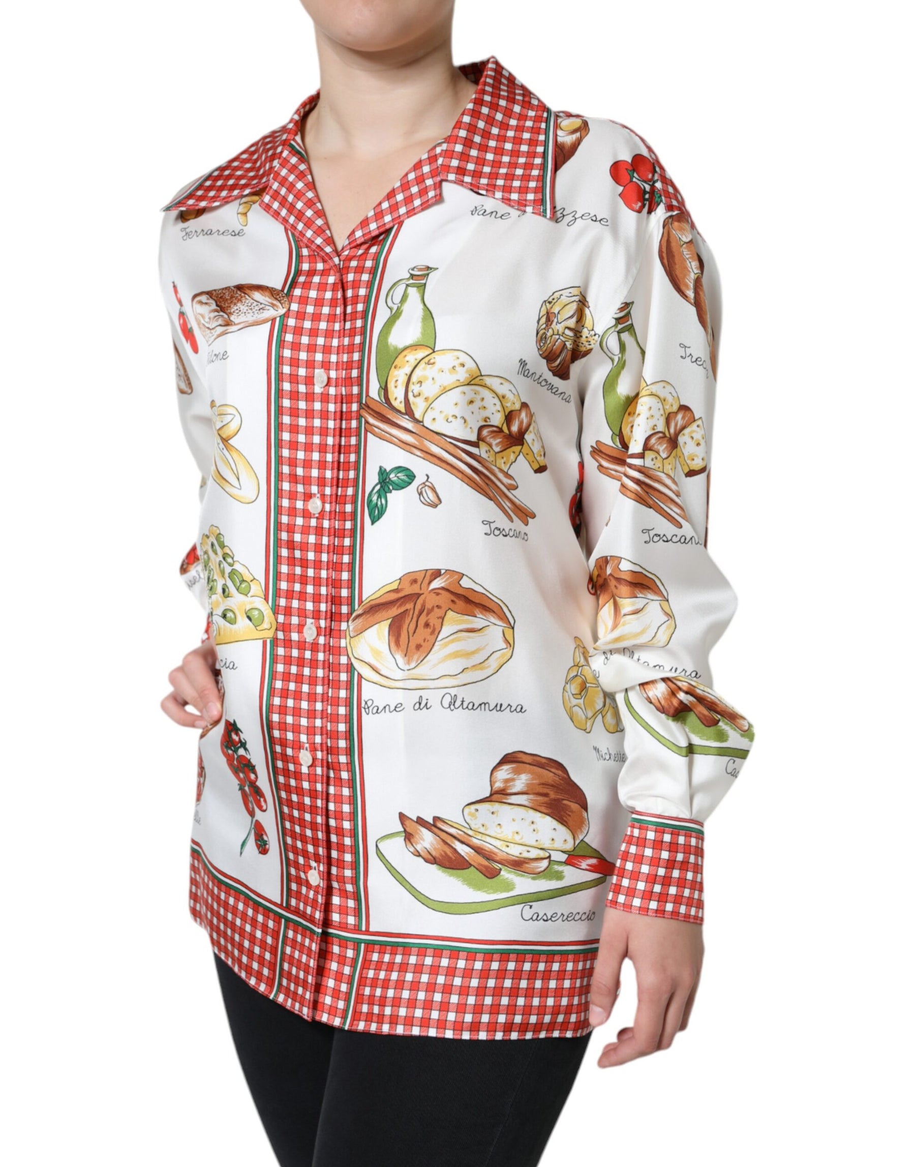 Dolce & Gabbana Multicolor Bread Print Collared Blouse Top | Regal Royce