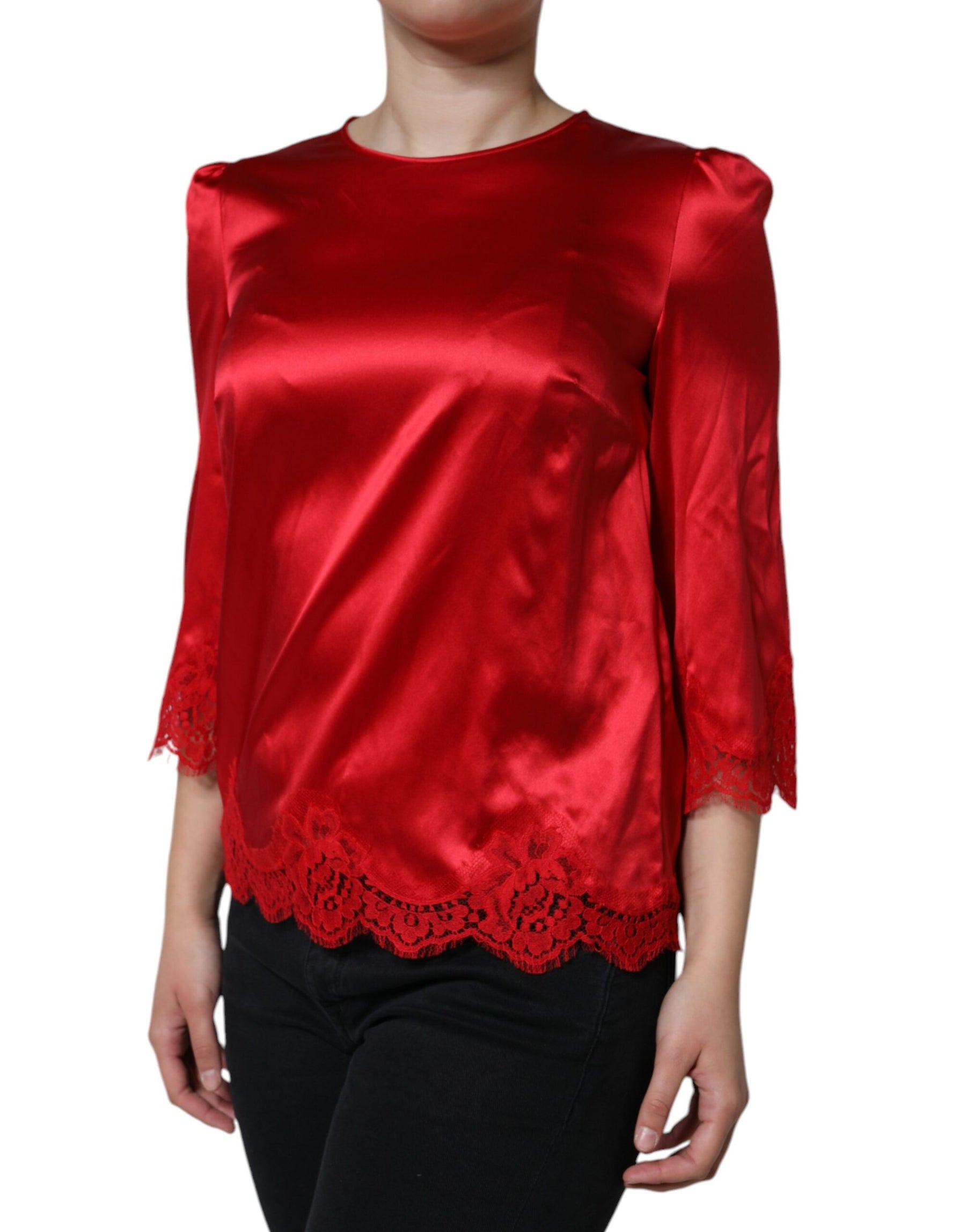 Dolce & Gabbana Red Satin Lace Trim Round Neck Blouse Top | Regal Royce