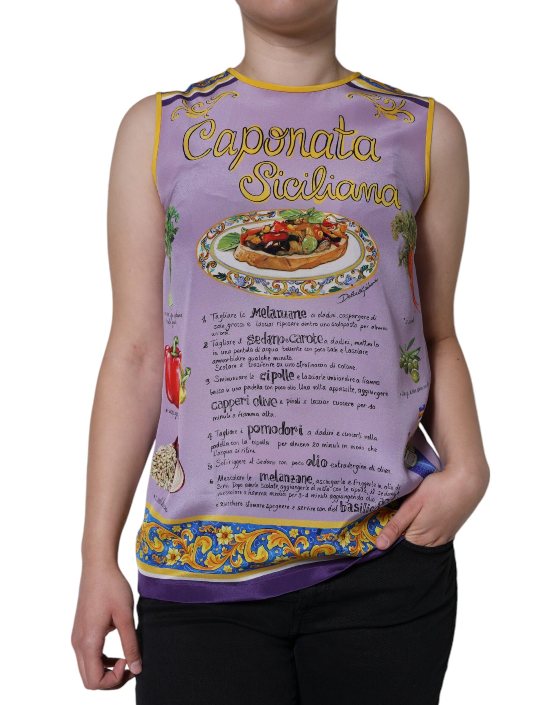 Dolce & Gabbana Purple Silk Caponata Siciliana Print Tank Top | Regal Royce