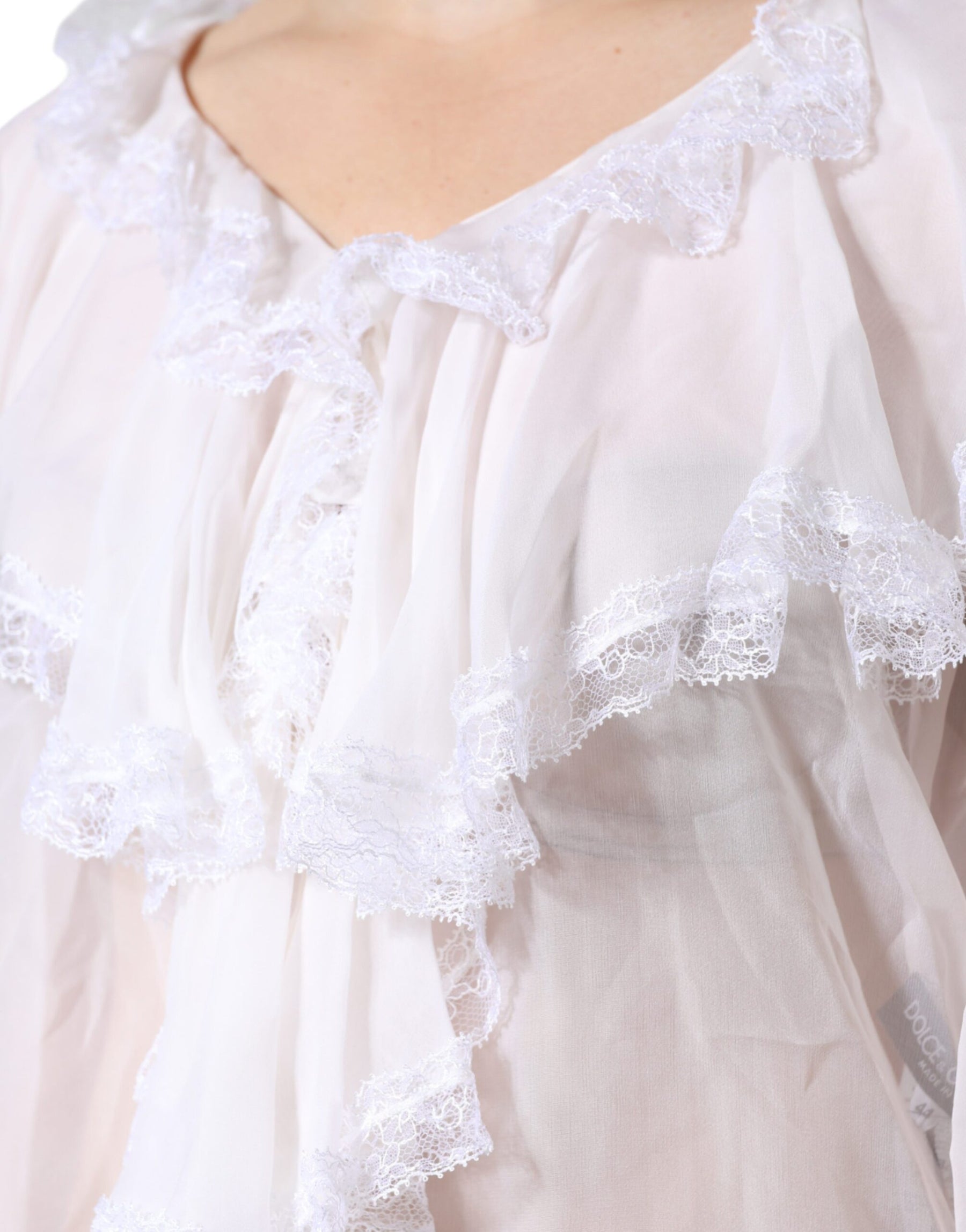 Dolce & Gabbana White Ruffles Lace Long Sleeve Blouse Top | Regal Royce