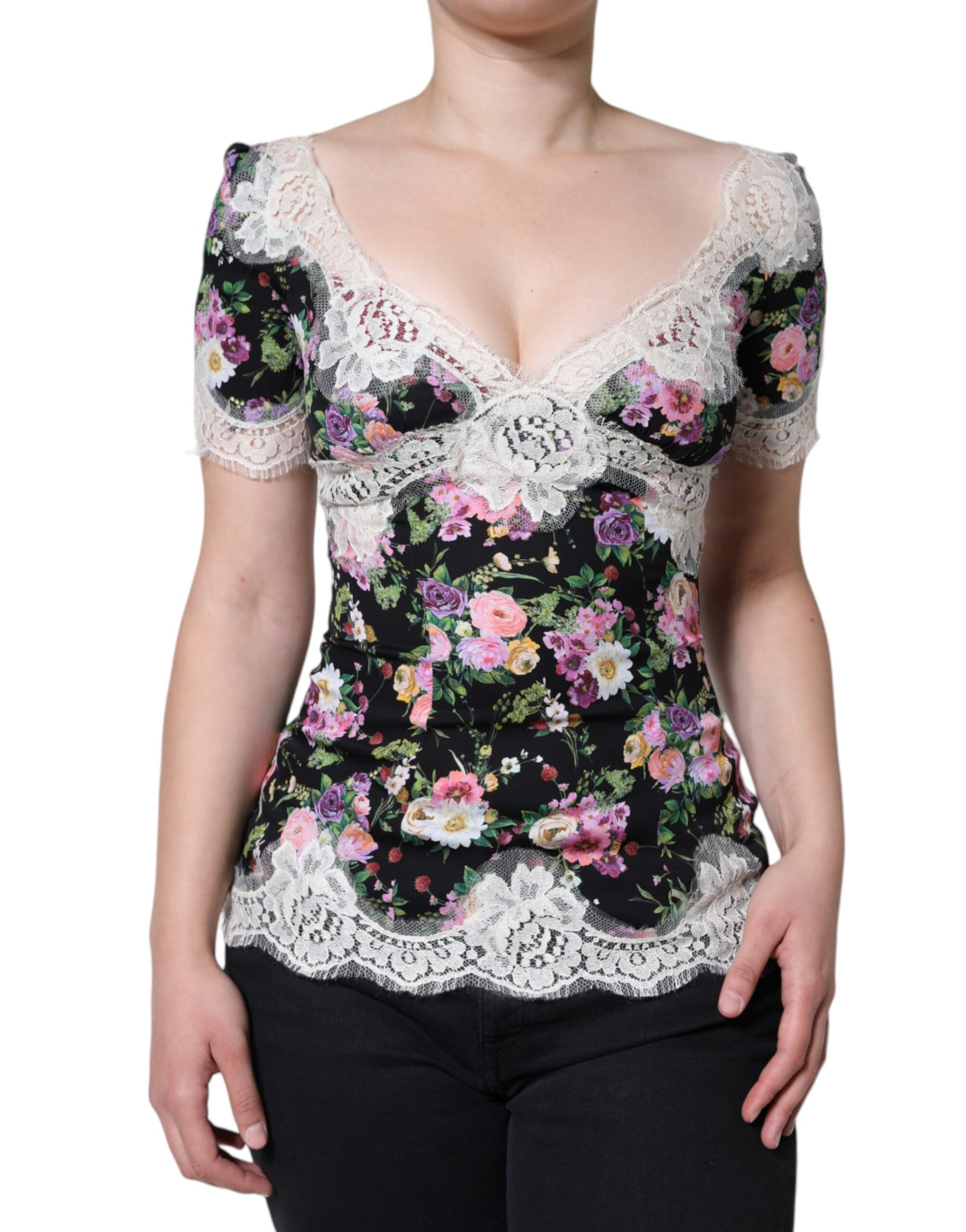 Dolce & Gabbana Black Floral Lace Short Sleeves Blouse Top | Regal Royce