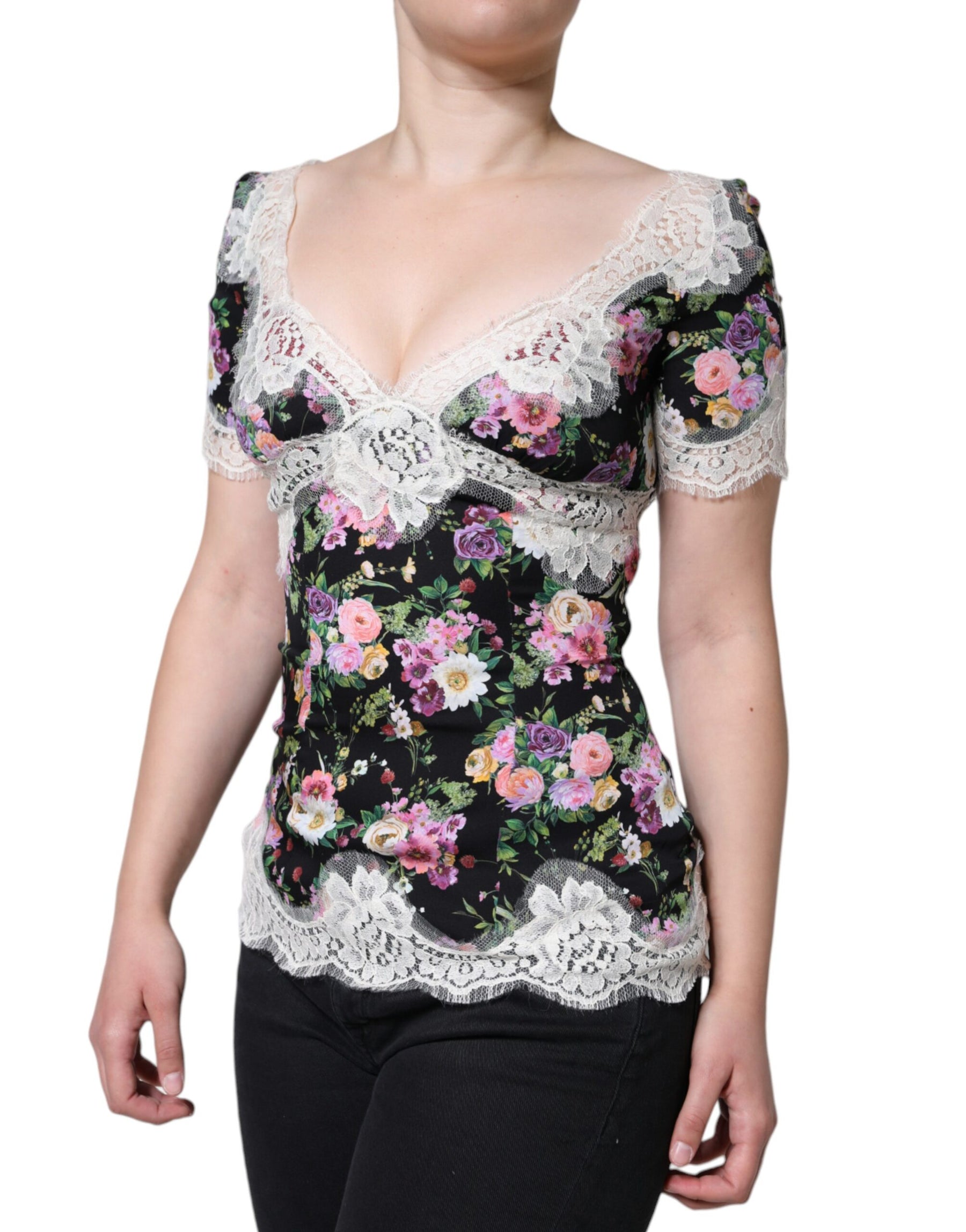 Dolce & Gabbana Black Floral Lace Short Sleeves Blouse Top | Regal Royce
