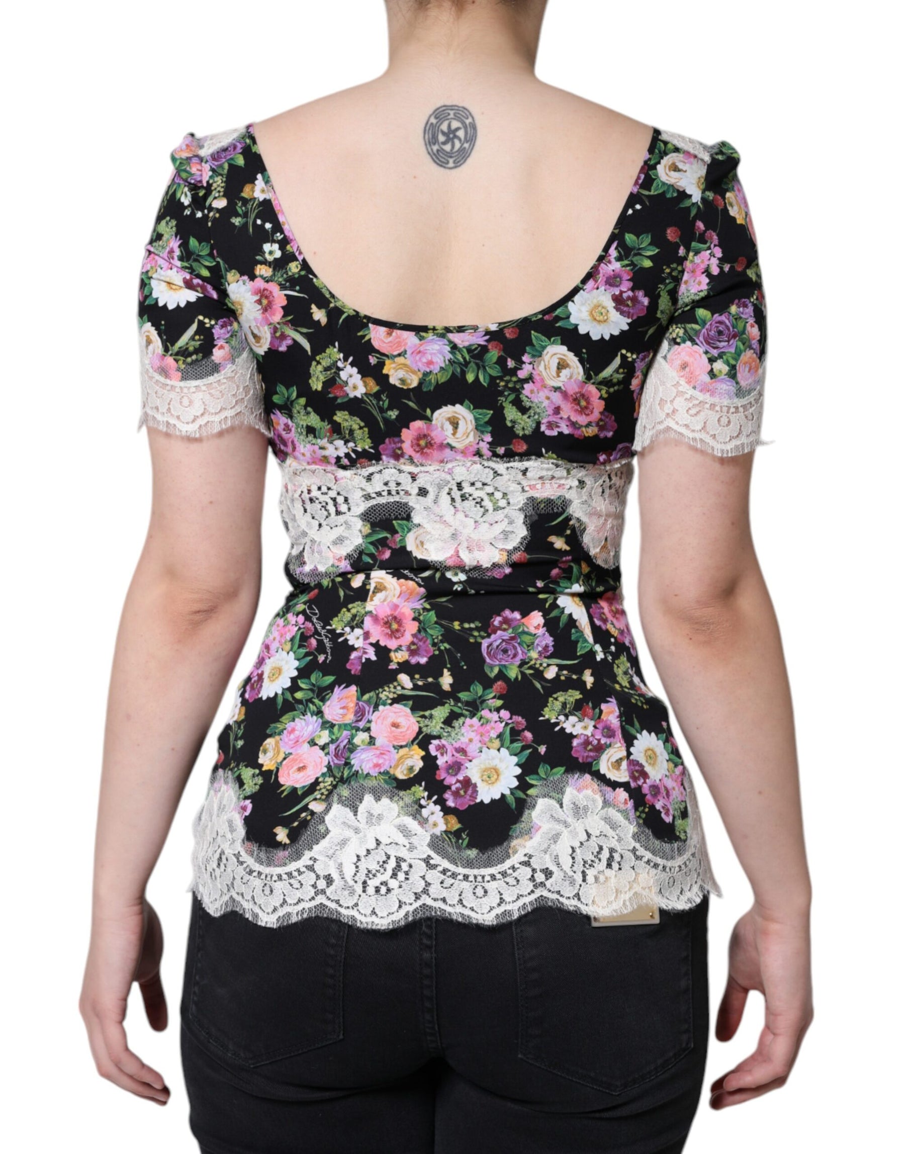 Dolce & Gabbana Black Floral Lace Short Sleeves Blouse Top | Regal Royce