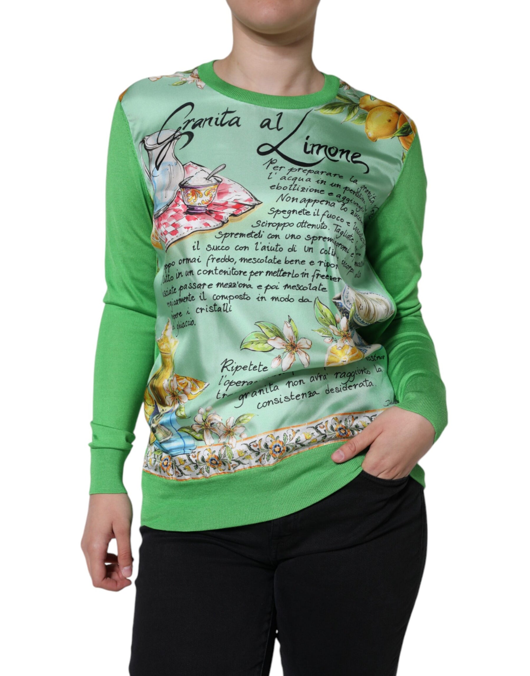 Dolce & Gabbana Green Silk Granita Al Limone Long Sleeves Sweater | Regal Royce