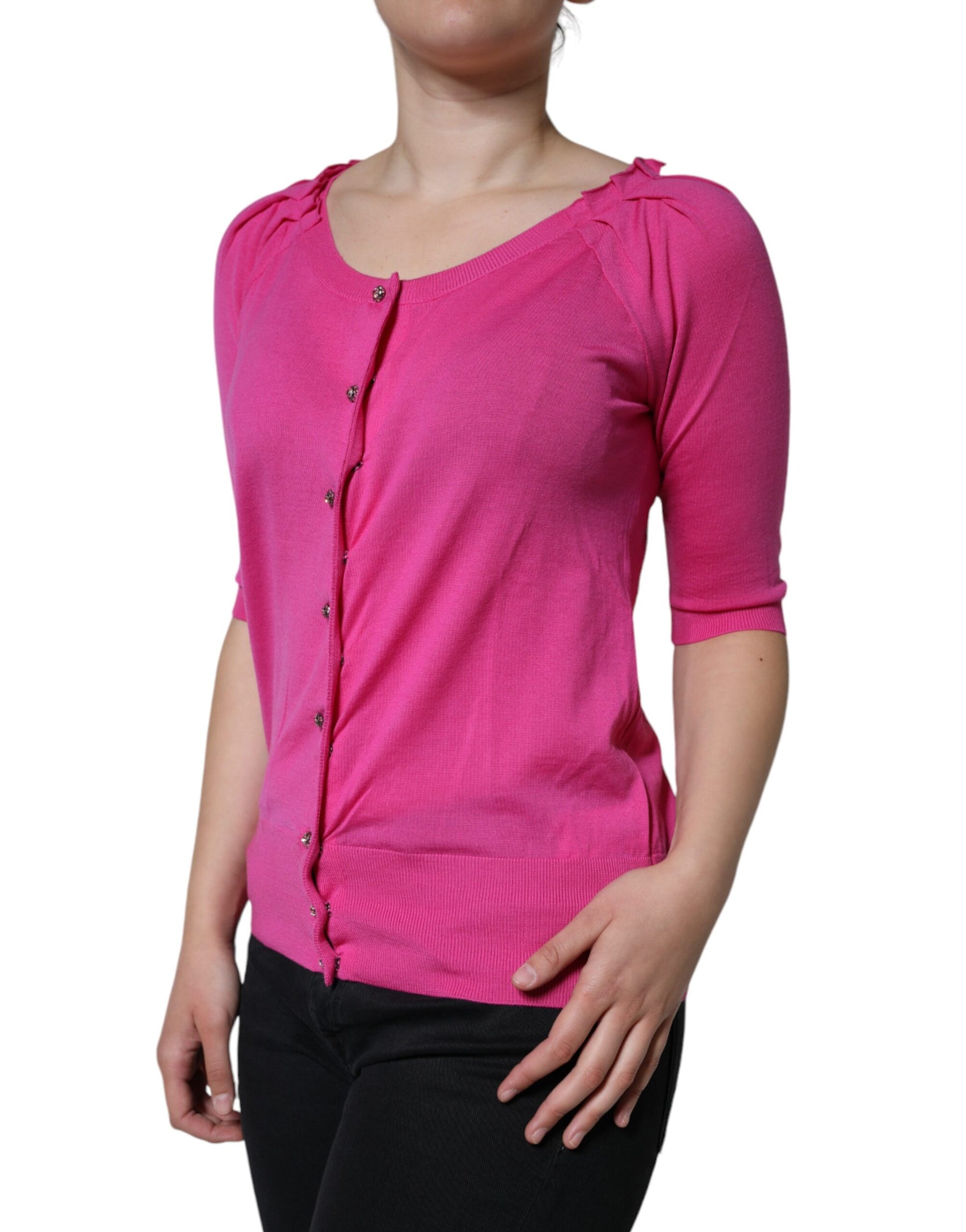 Dolce & Gabbana Pink Wool Button Down Short Sleeve Blouse Top | Regal Royce