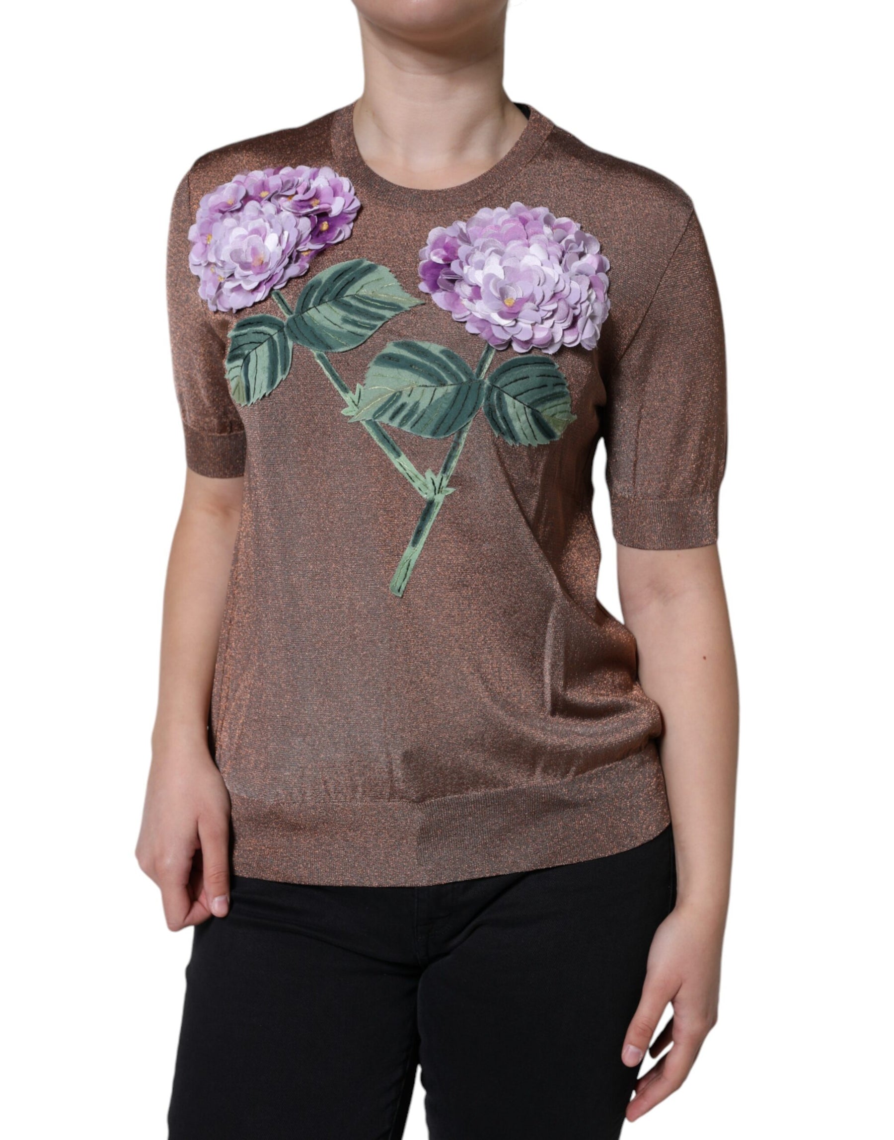 Dolce & Gabbana Brown Floral Applique Viscose Short Sleeve Top | Regal Royce