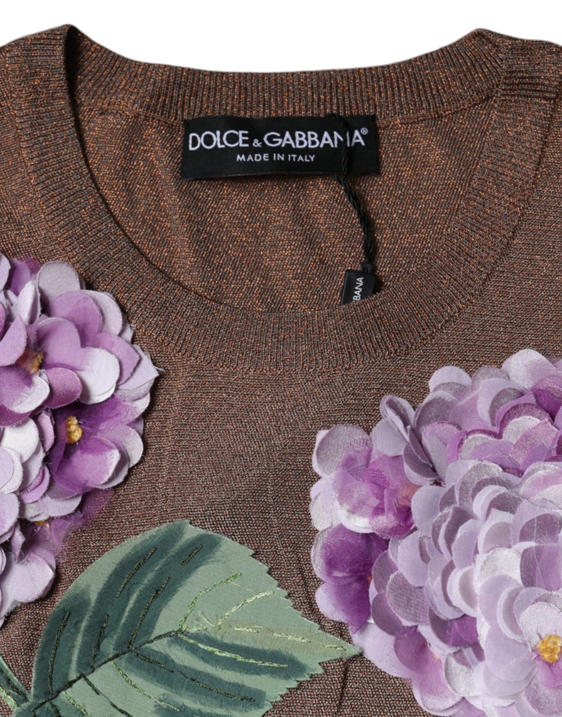 Dolce & Gabbana Brown Floral Applique Viscose Short Sleeve Top | Regal Royce