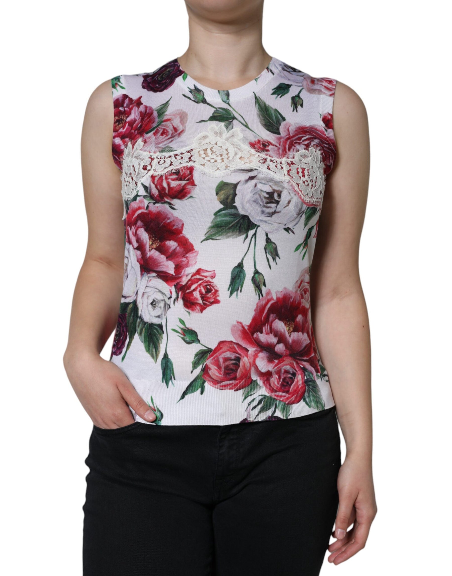 Dolce & Gabbana White Floral Lace Silk Sleeveless Tank Top | Regal Royce