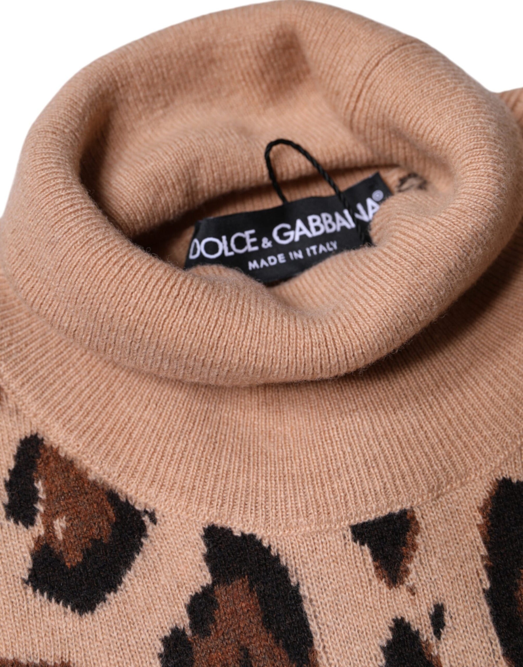 Dolce & Gabbana Beige Leopard Print Wool Turtleneck Top | Regal Royce