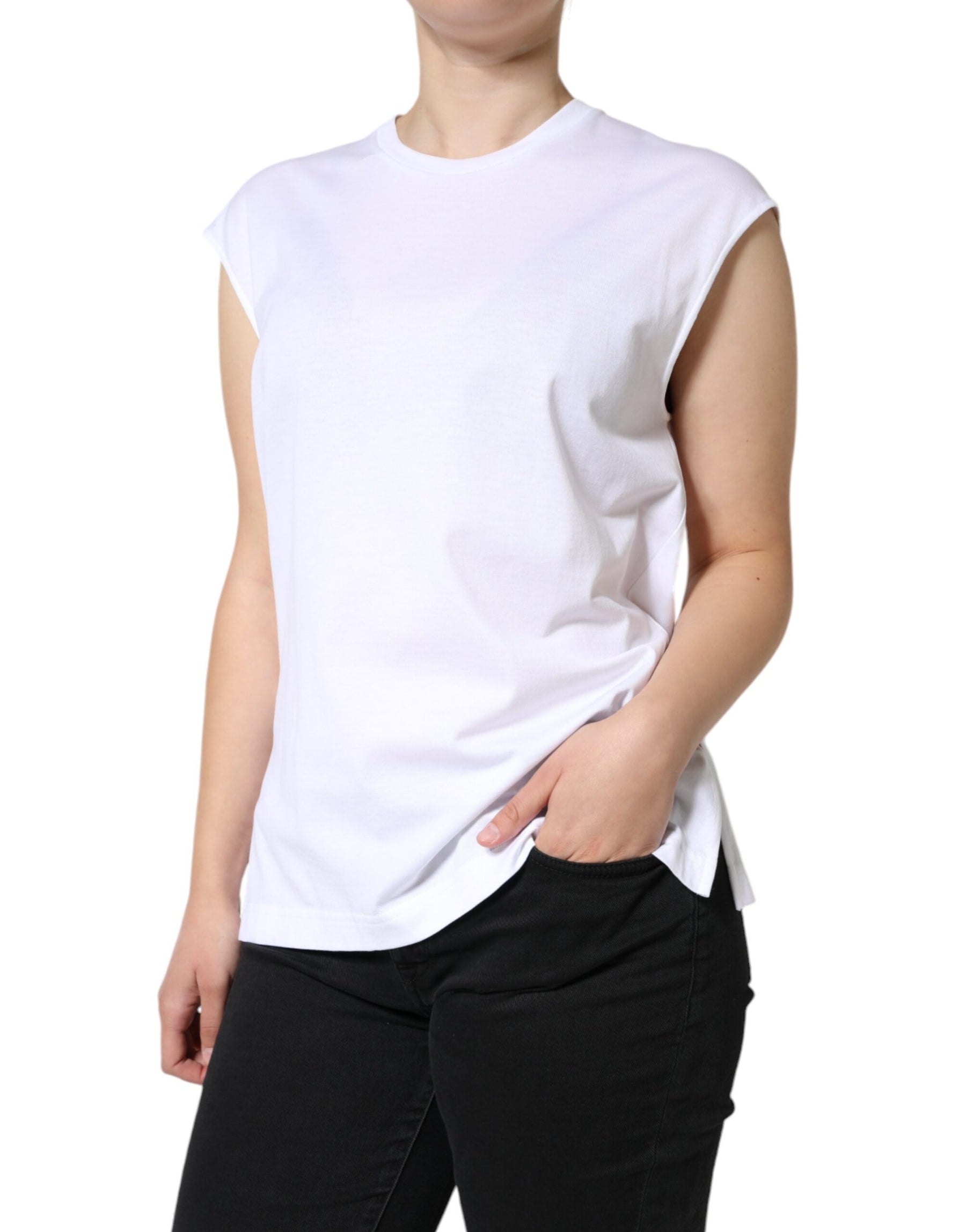 Dolce & Gabbana White Cotton Sleeveless Crew Neck T-shirt | Regal Royce